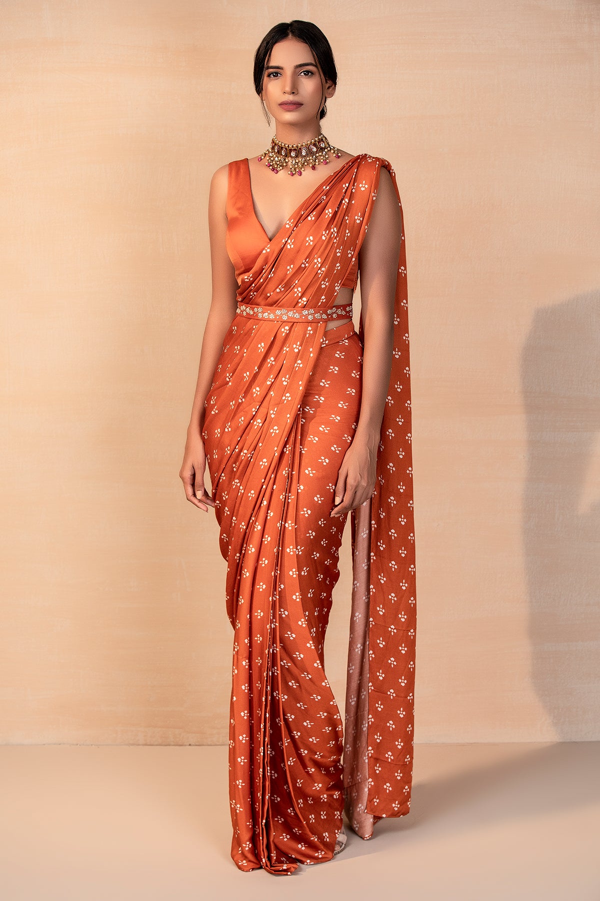 Rust Printed Saree Set