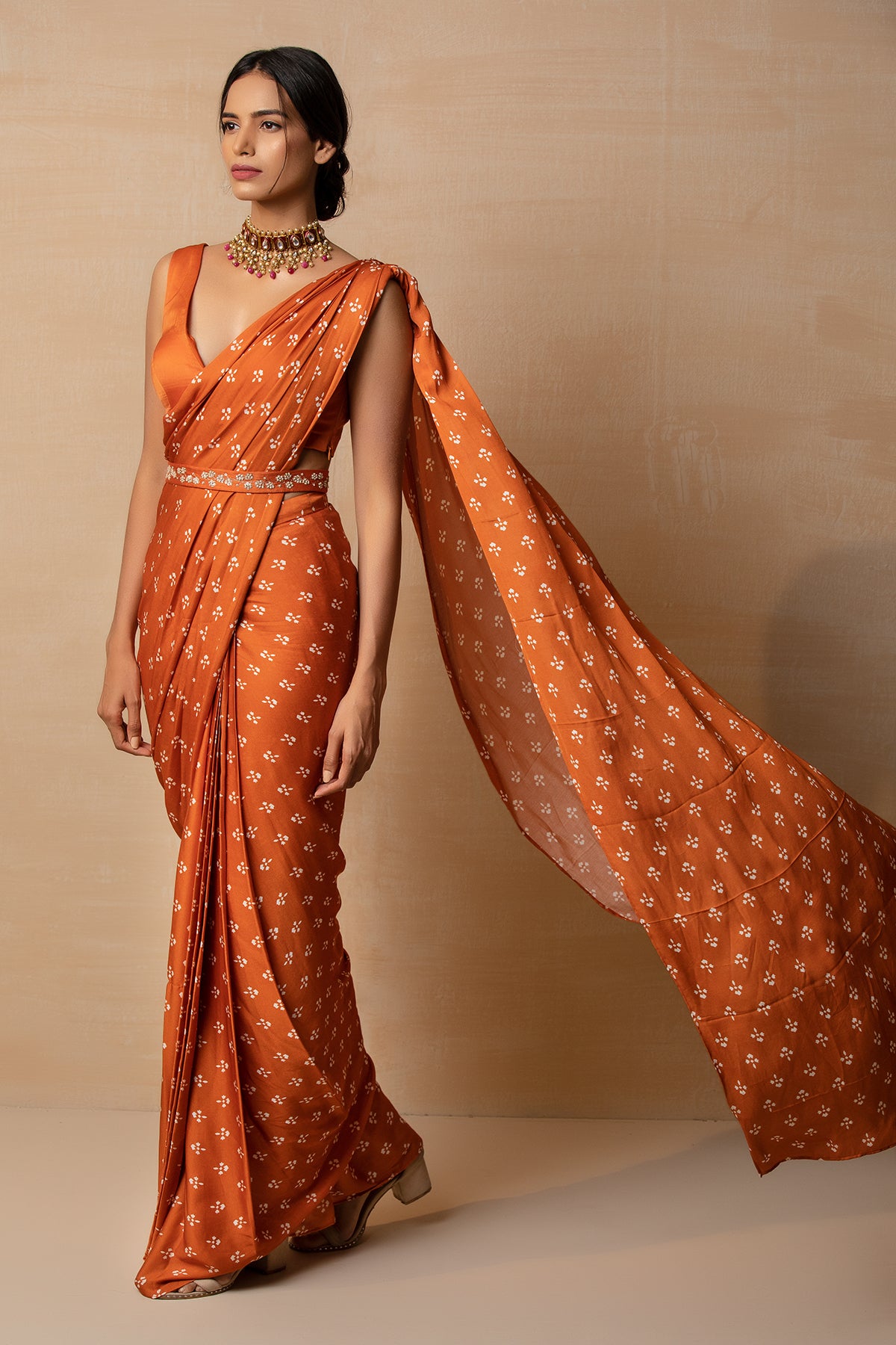 Rust Printed Saree Set