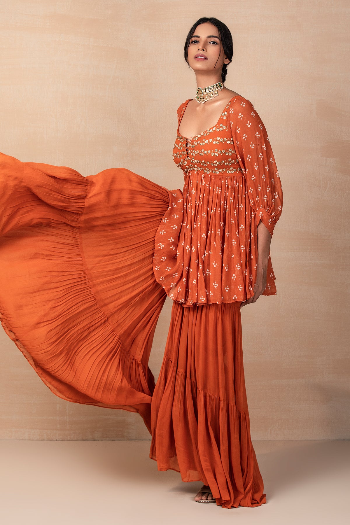 Rust Printed And Embroidered Sharara Set