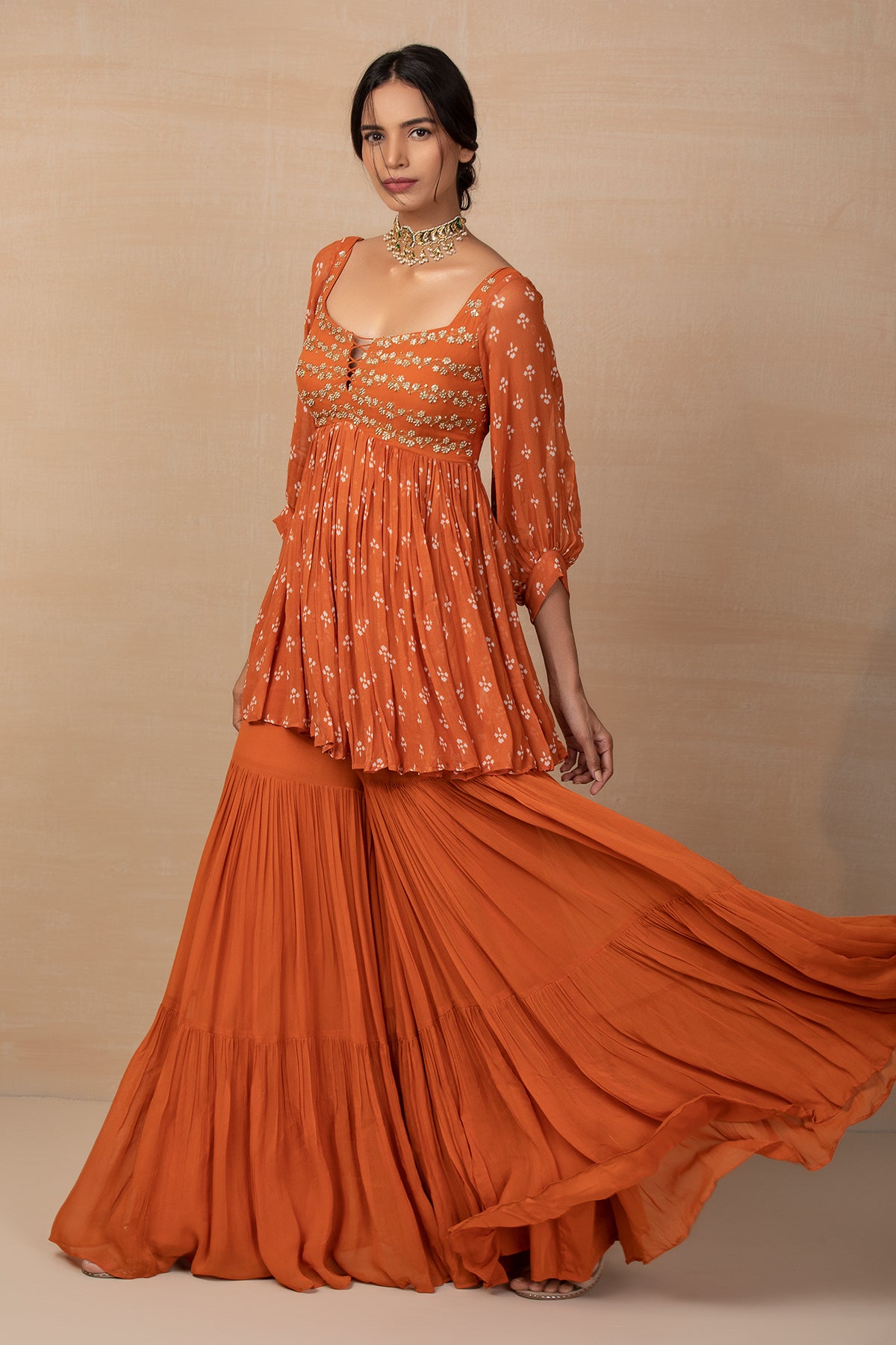 Rust Printed And Embroidered Sharara Set