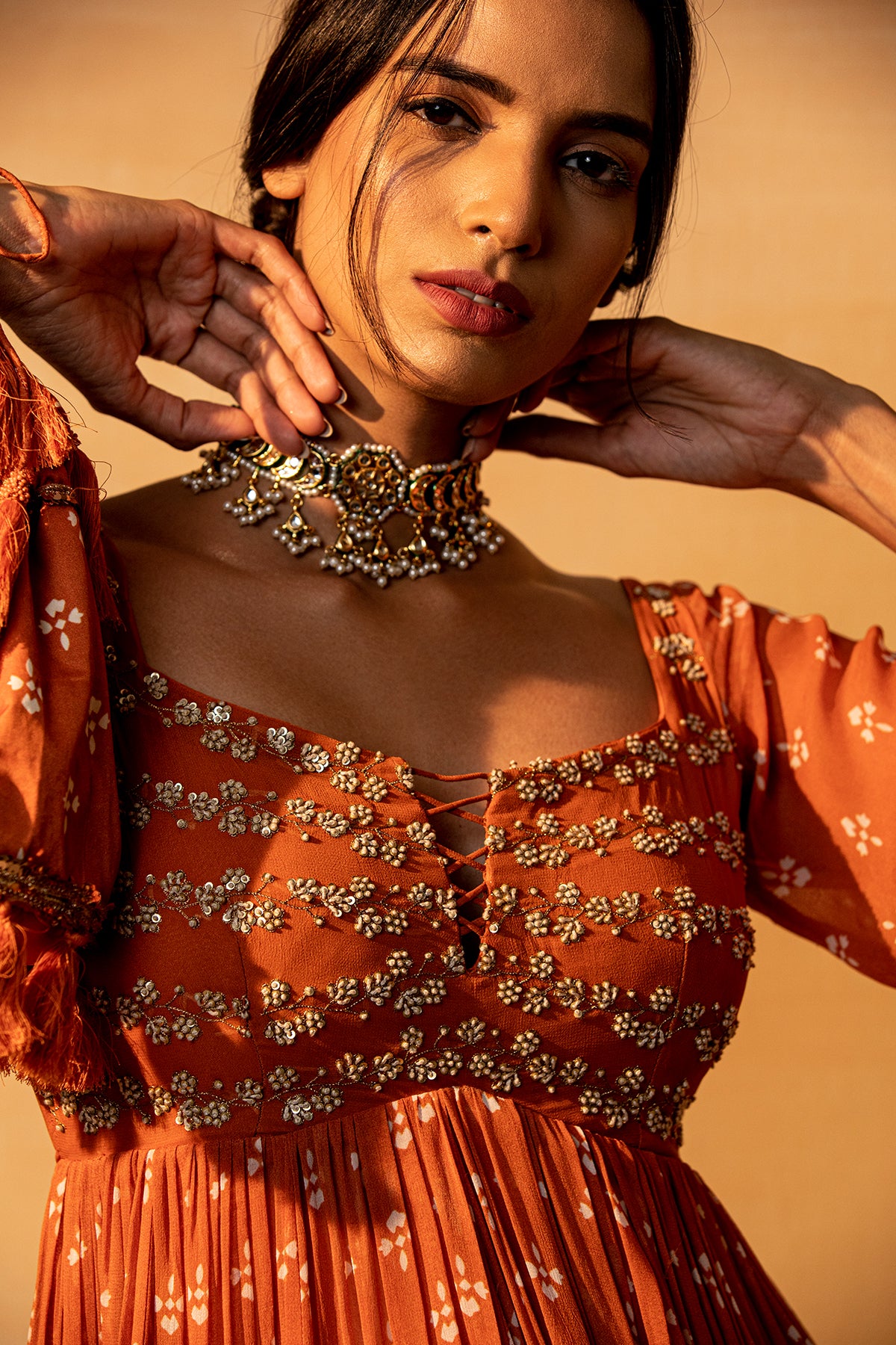 Rust Printed And Embroidered Sharara Set
