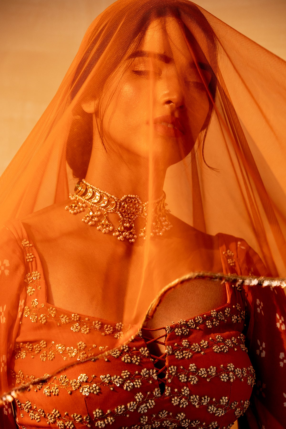 Rust Printed And Embroidered Sharara Set