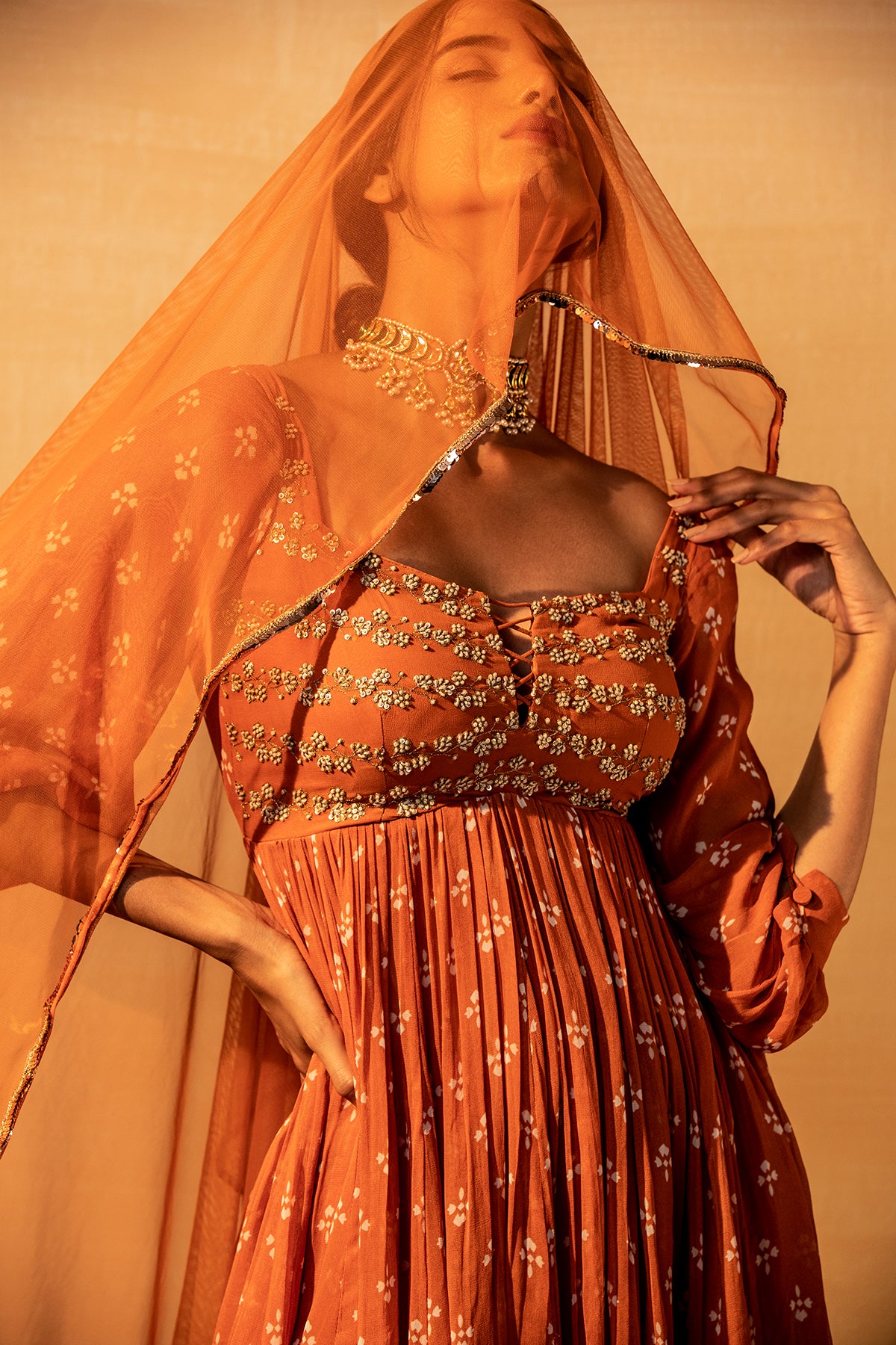 Rust Printed And Embroidered Sharara Set
