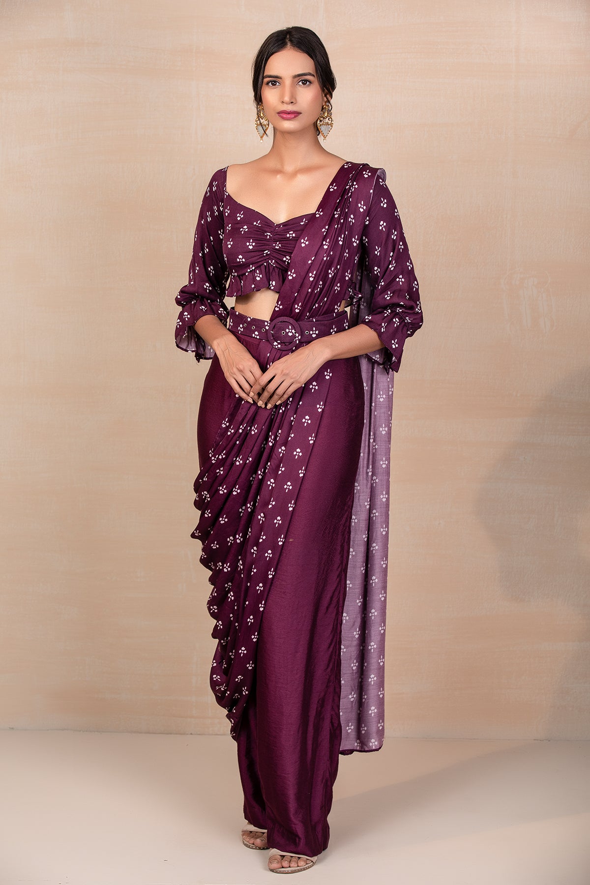 Purple Printed Draped Saree With Pants