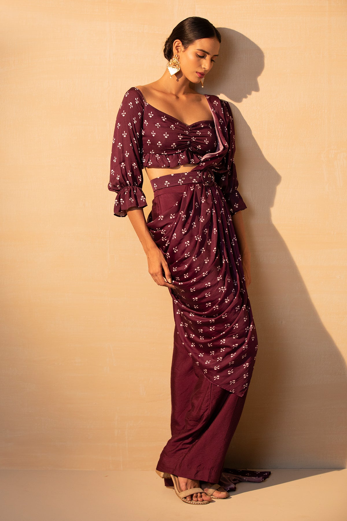 Purple Printed Draped Saree With Pants