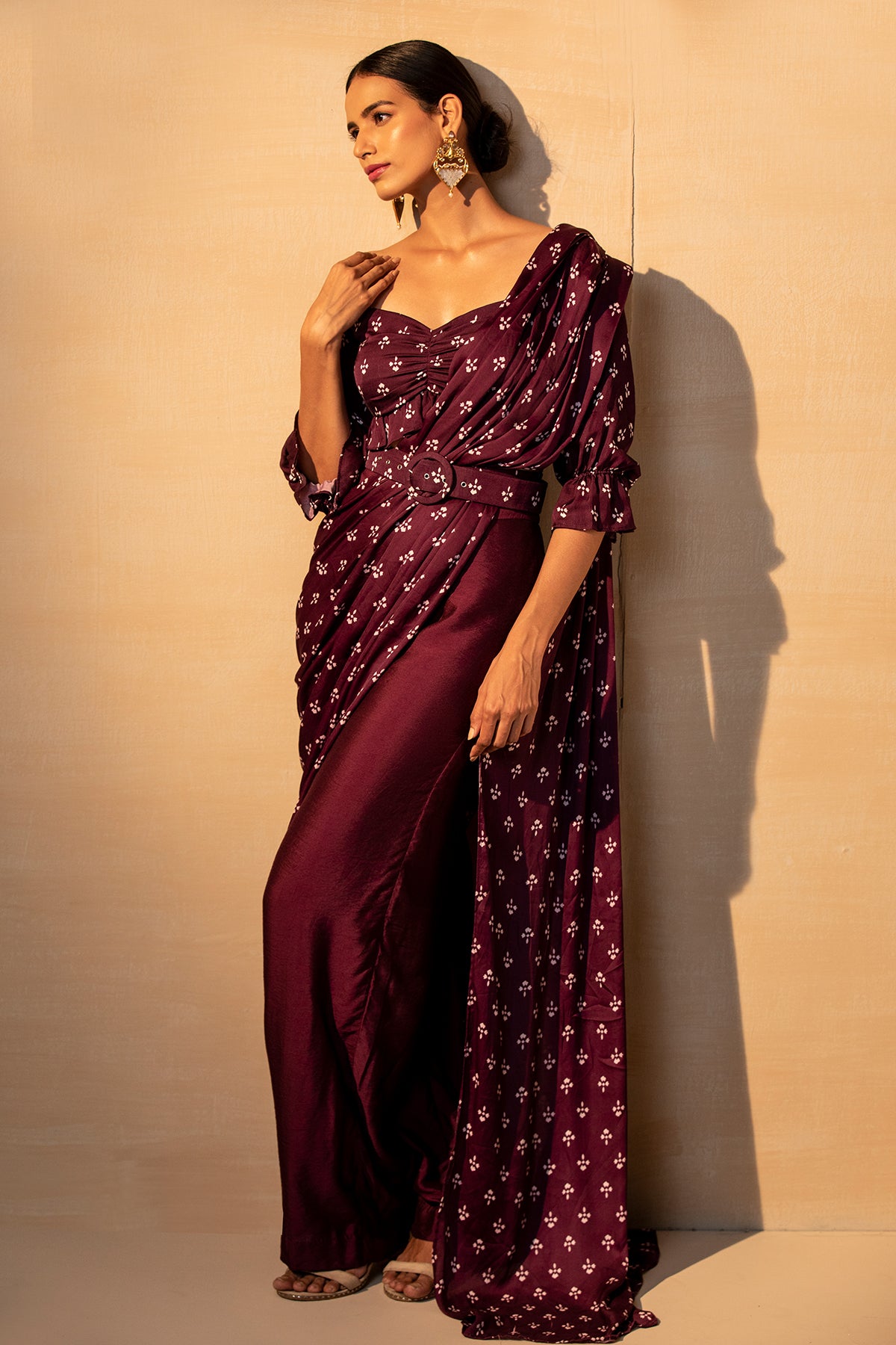 Purple Printed Draped Saree With Pants