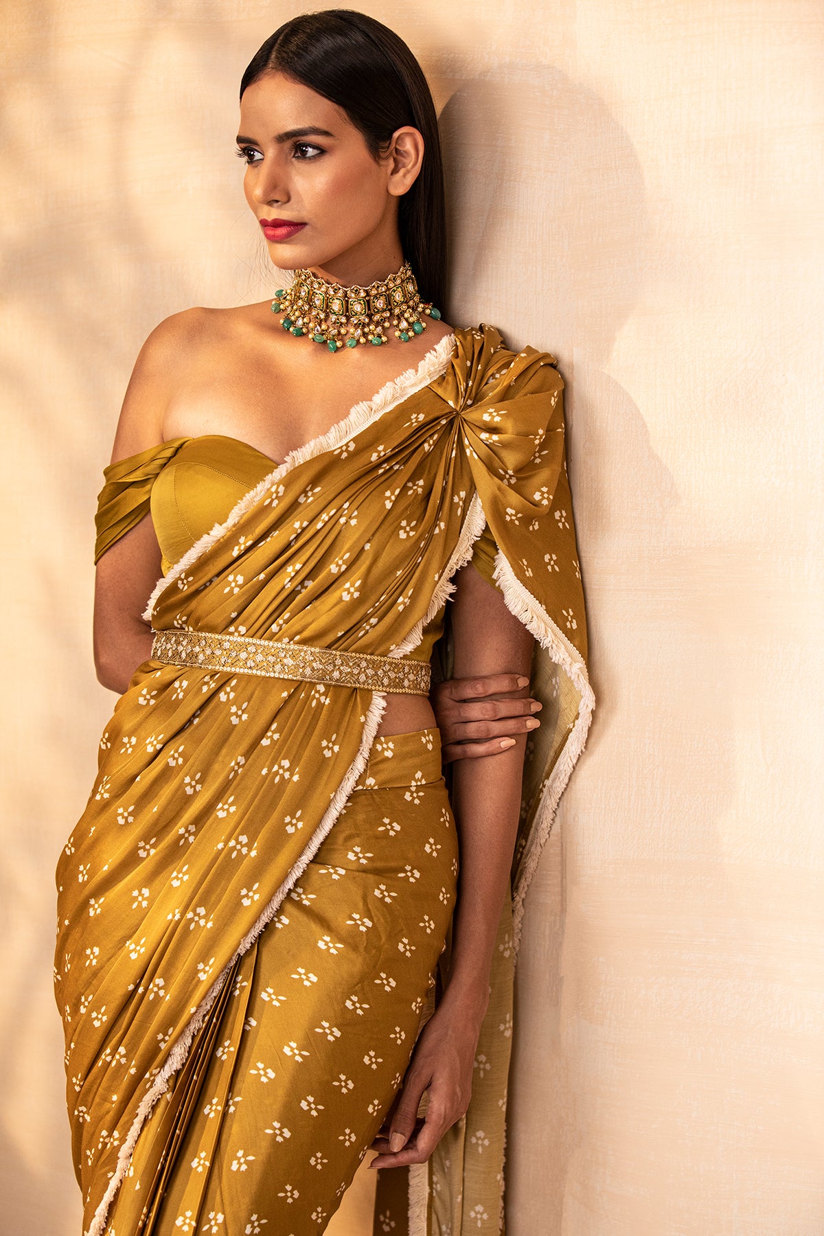 Musturd Pre Draped Printed Saree Set