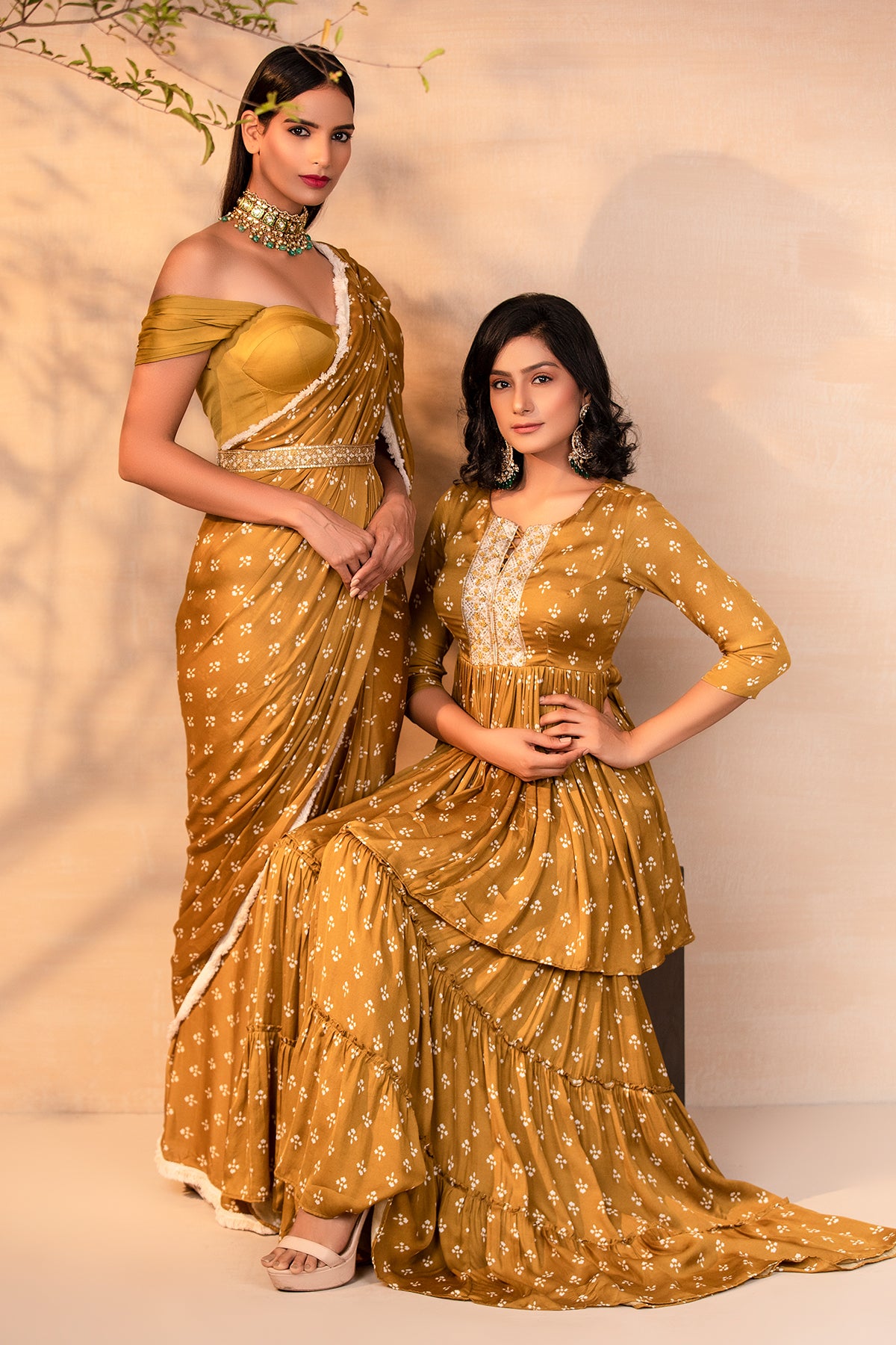 Musturd Pre Draped Printed Saree Set