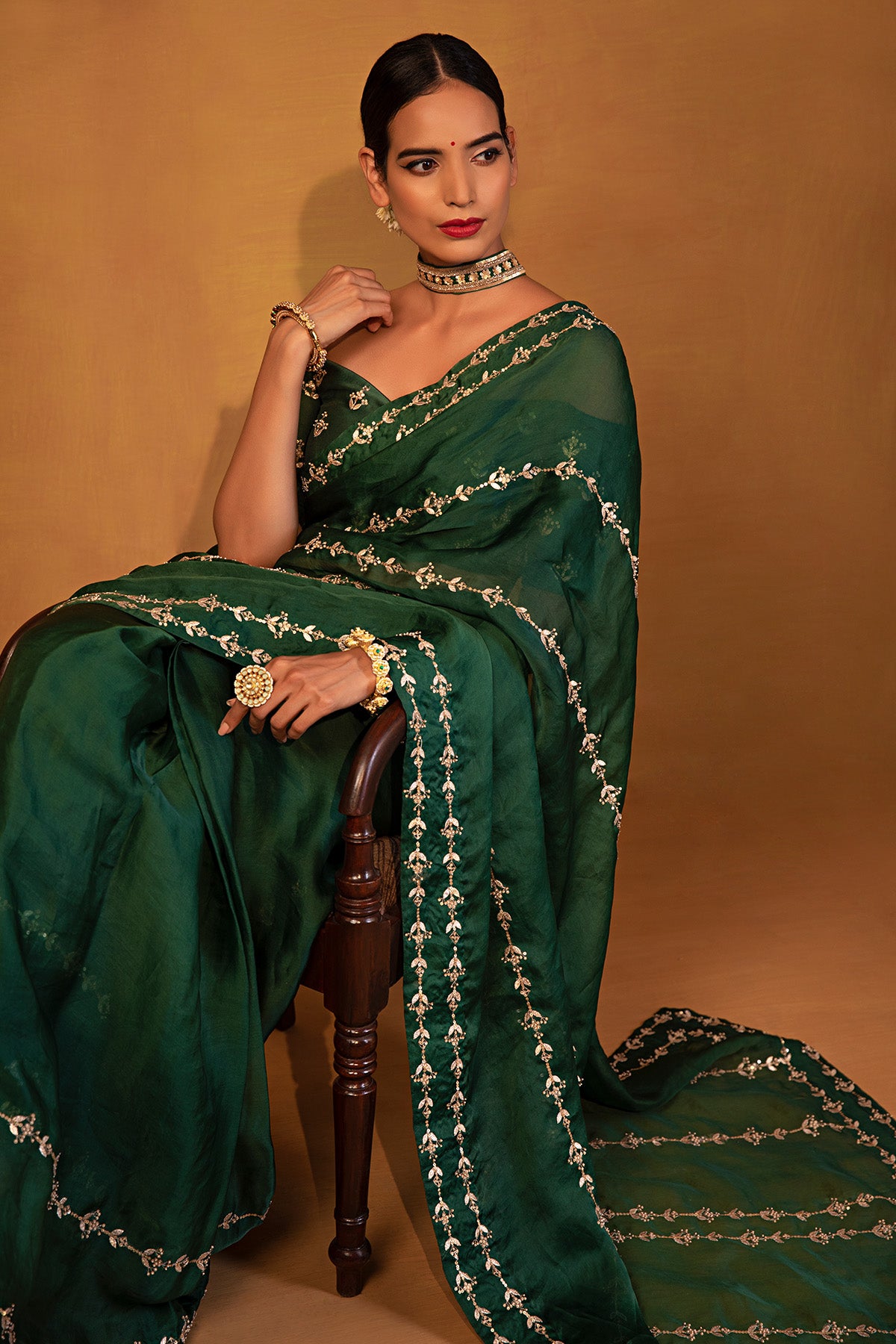 Bottle Green Saree Set