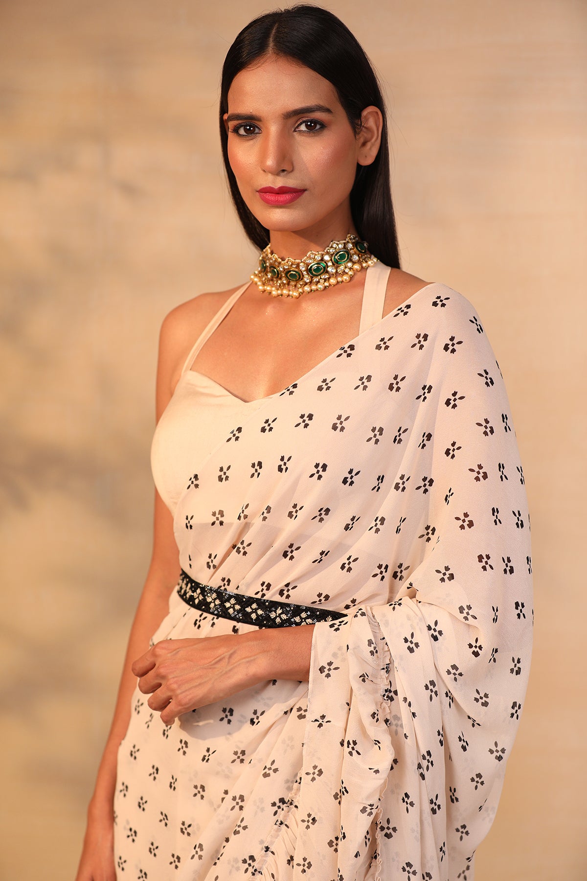 Off White Printed Ruffle Saree With Belt Set