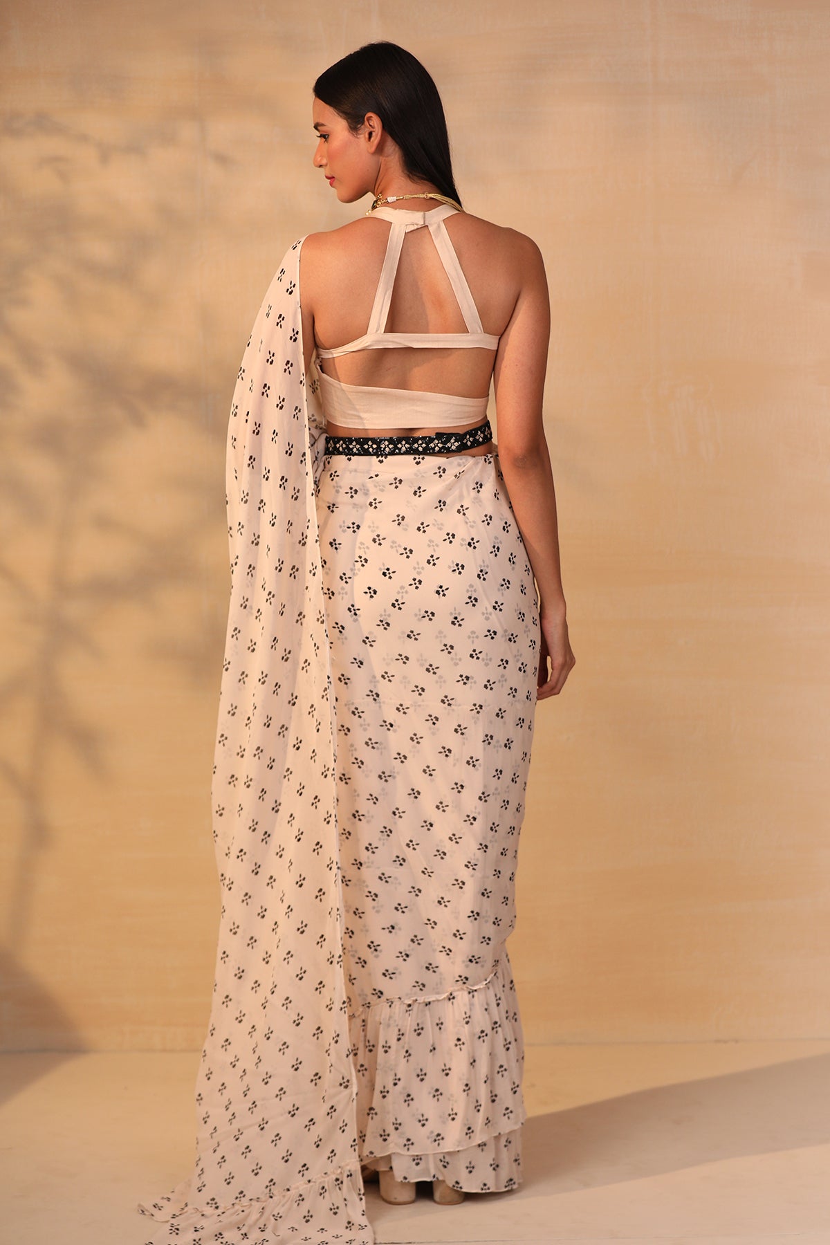 Off White Printed Ruffle Saree With Belt Set