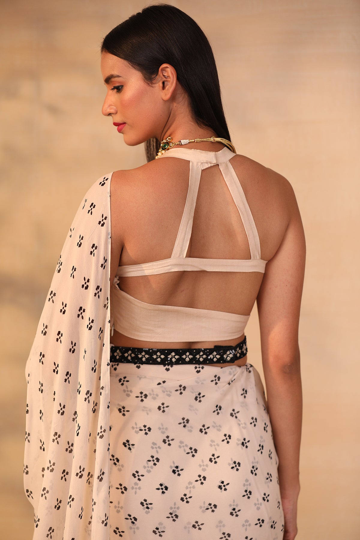 Off White Printed Ruffle Saree With Belt Set