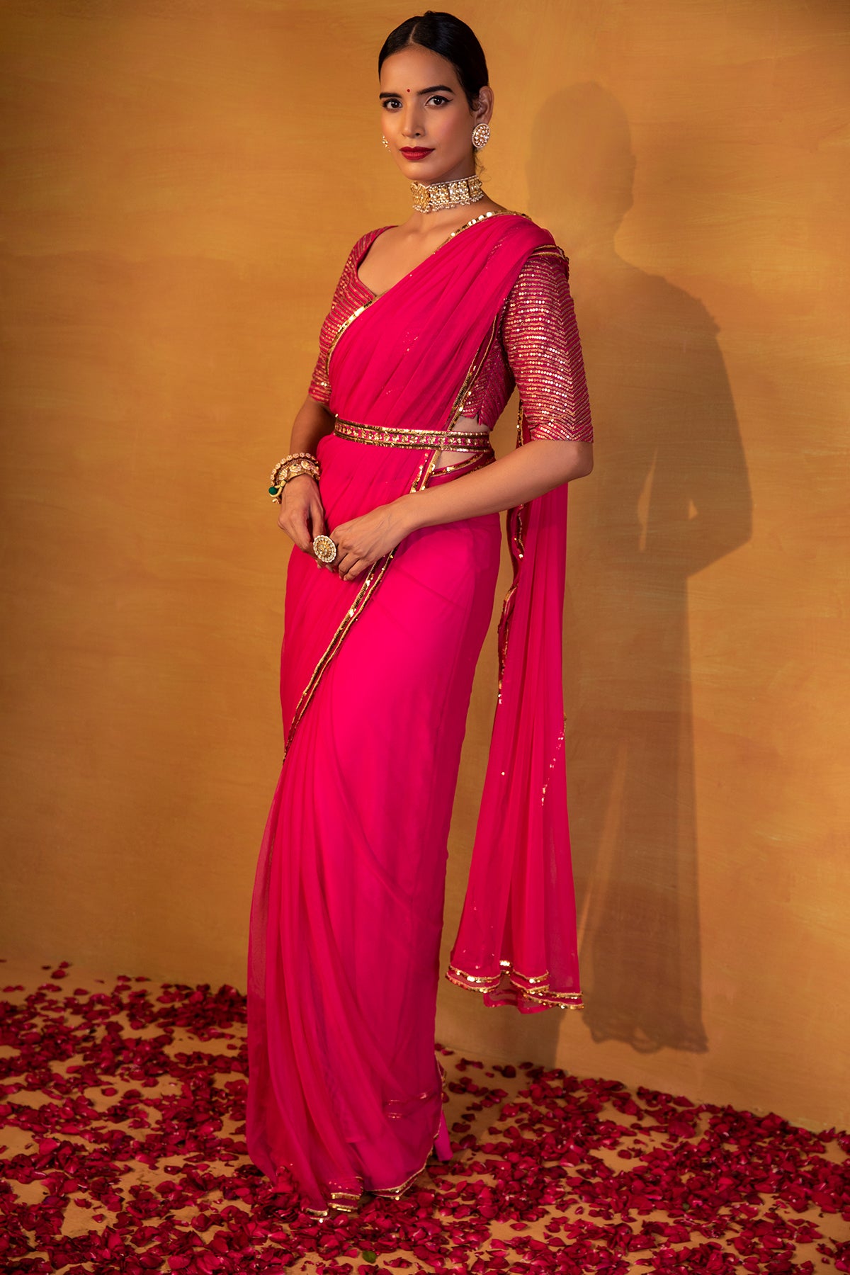 Hot Pink net saree with belt