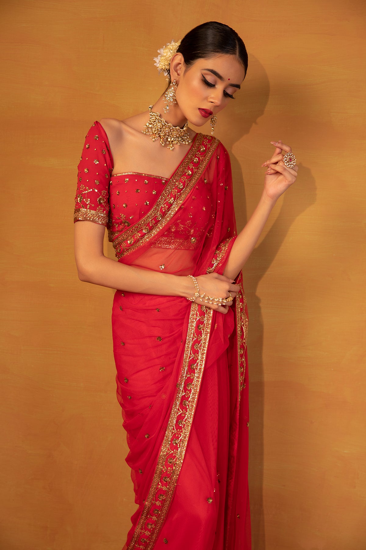 Red Net saree set