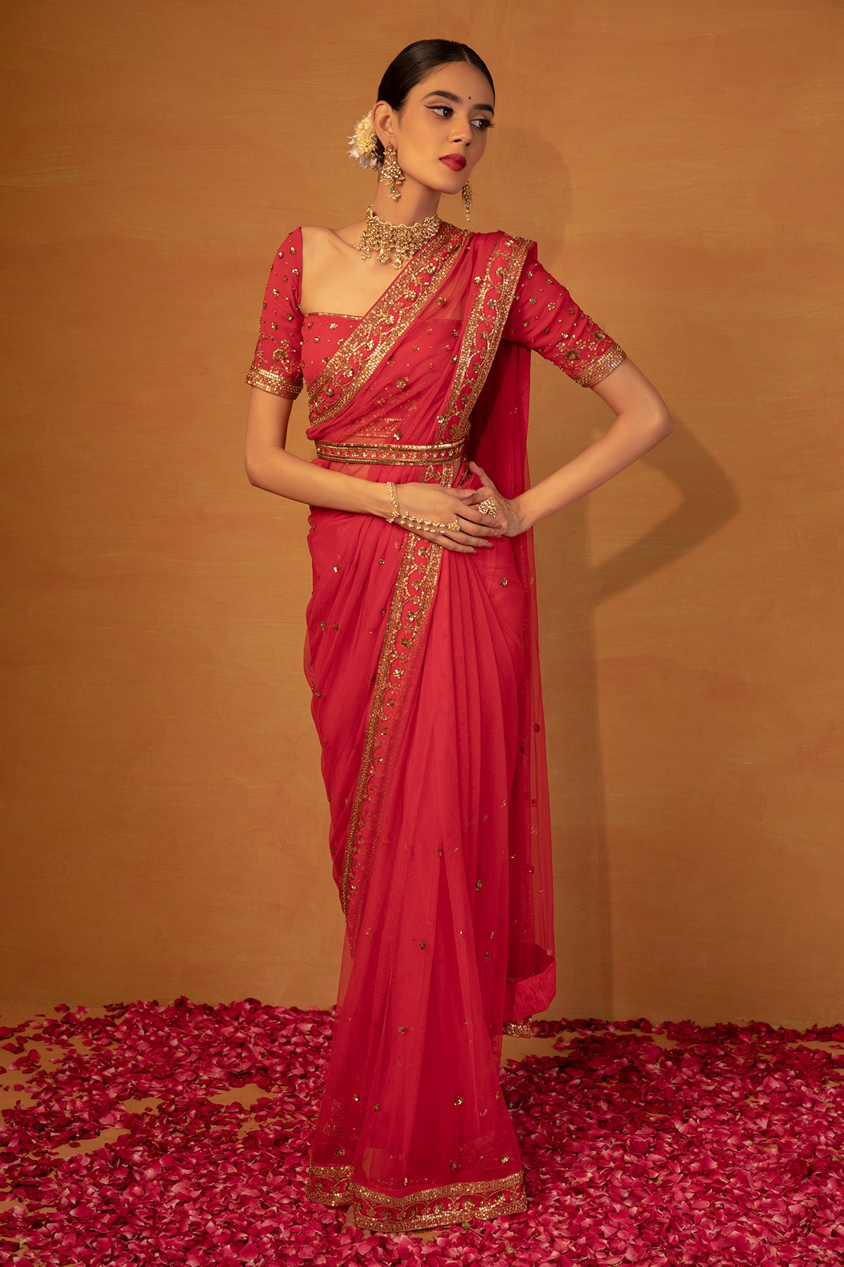 Red Net saree set