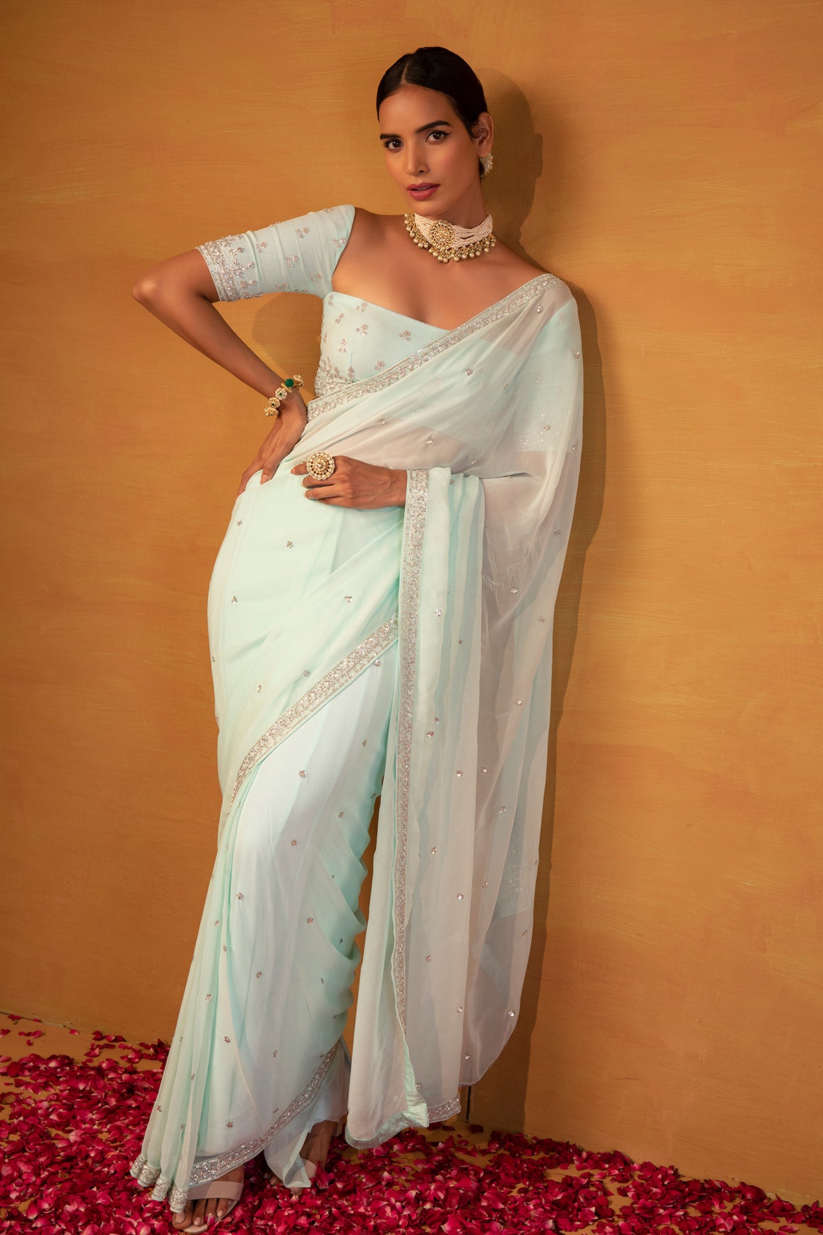 Aqua blue georgette saree