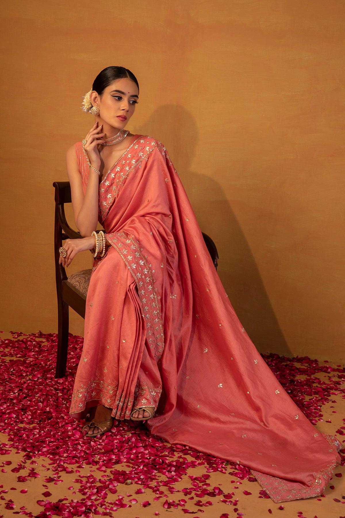 Peach pink chanderi saree