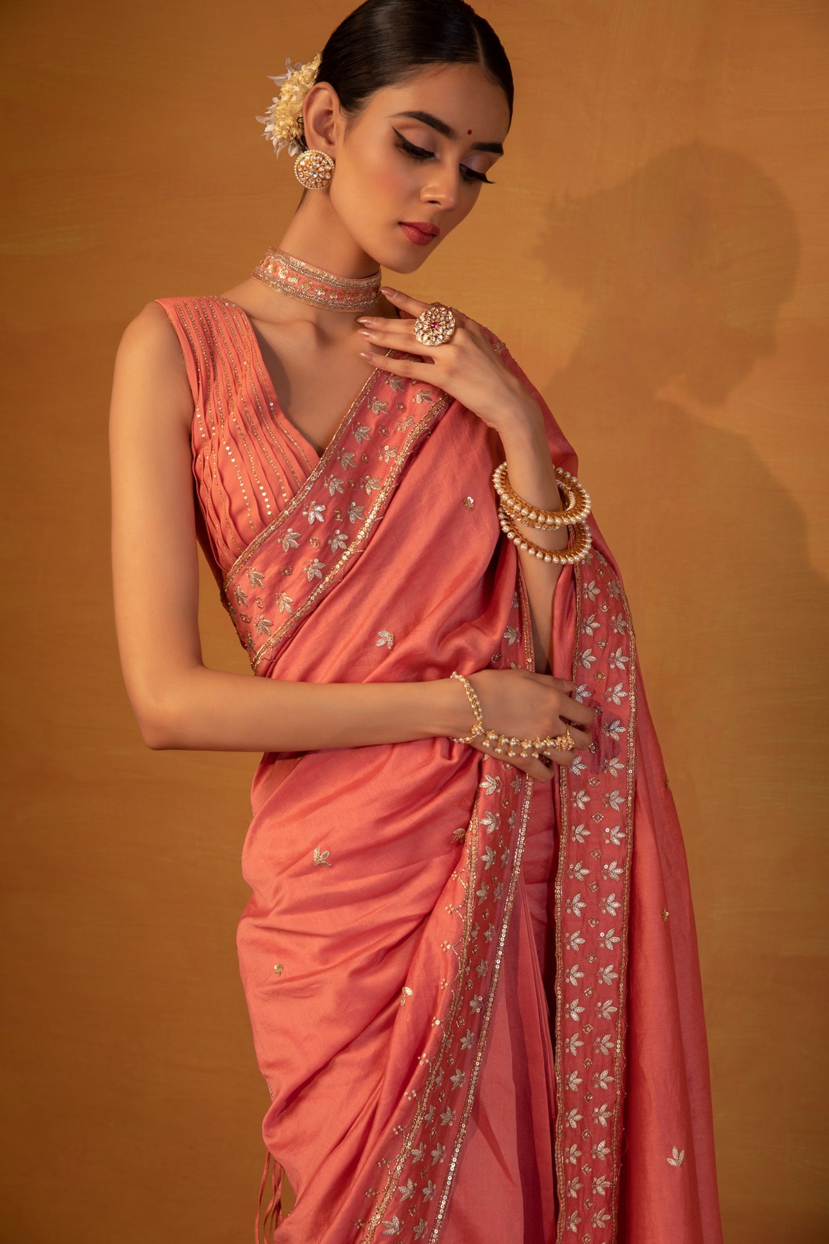 Peach pink chanderi saree