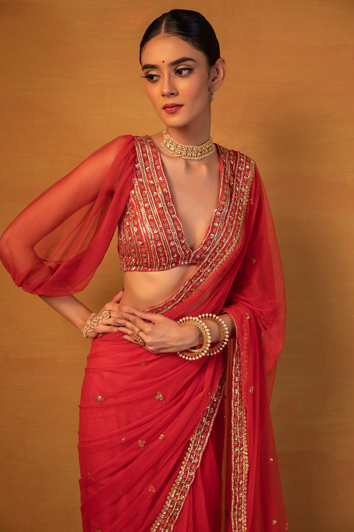 Red Gota Embellished Saree Set