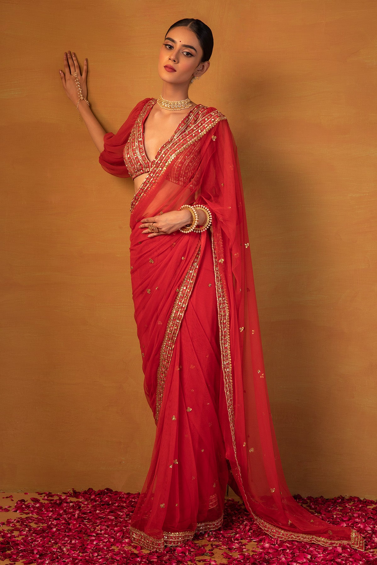 Red Gota Embellished Saree Set
