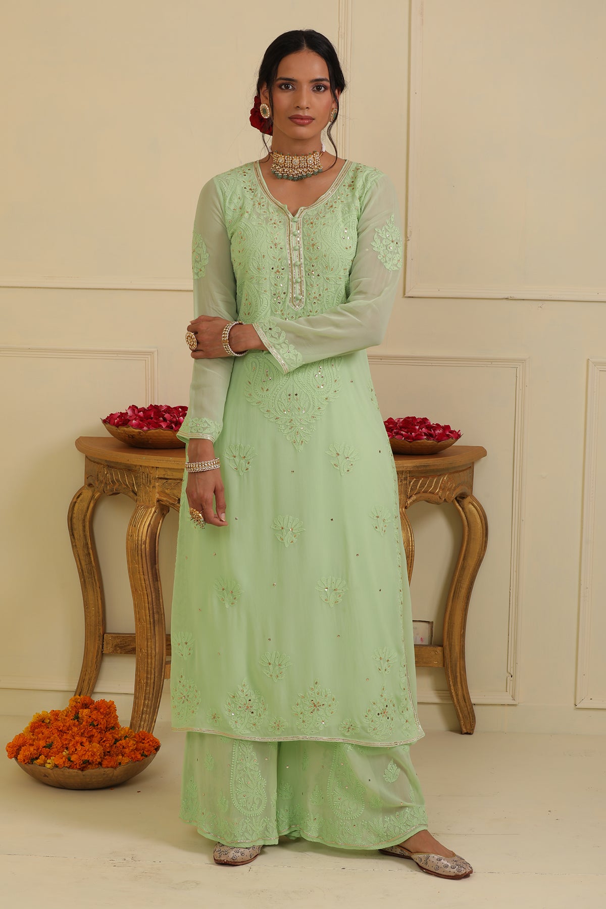 Green chikankari kurta set