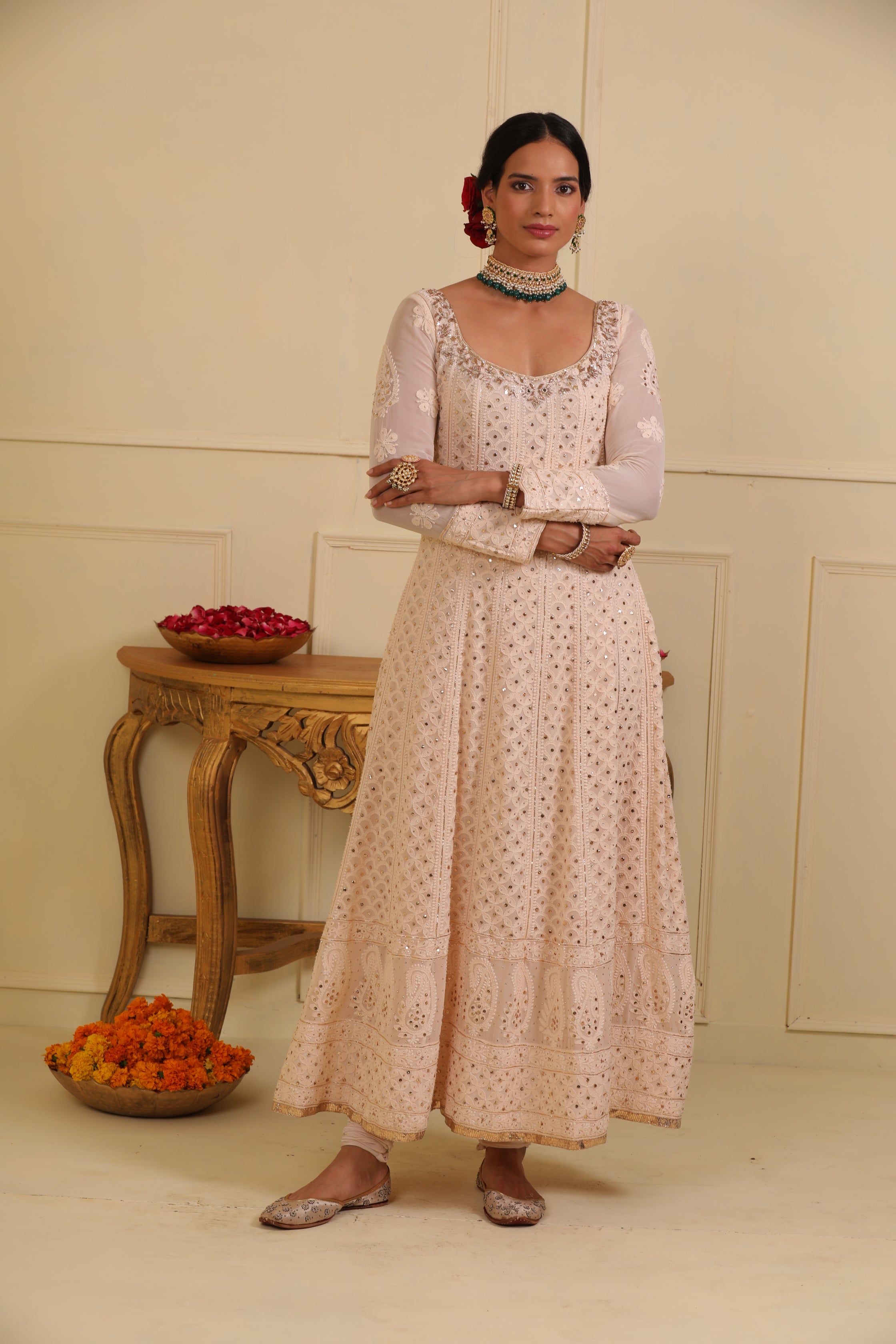 Off white chikankari anarkali set