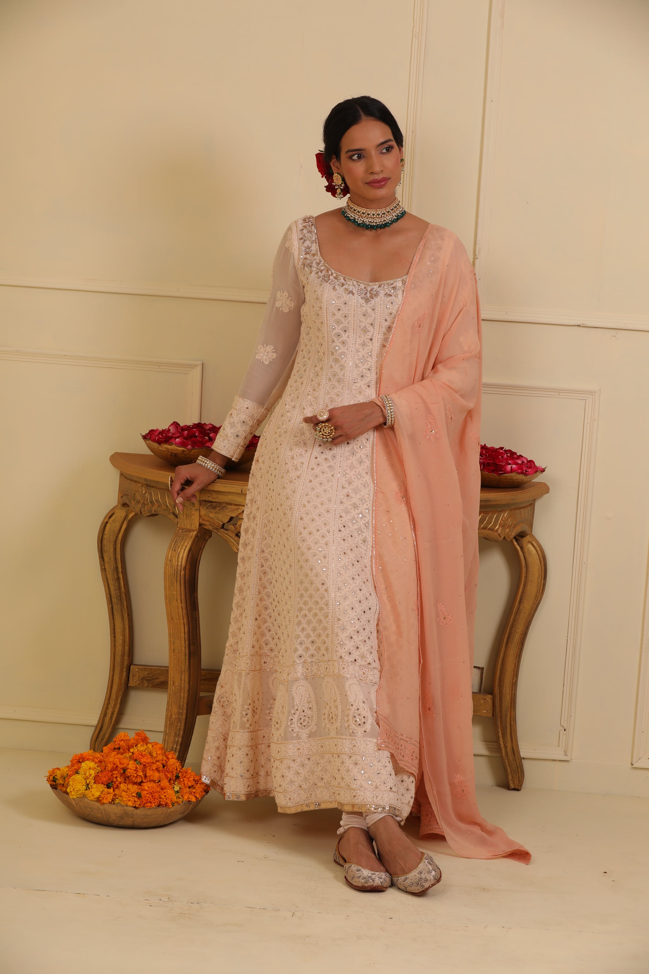 Off white chikankari anarkali set