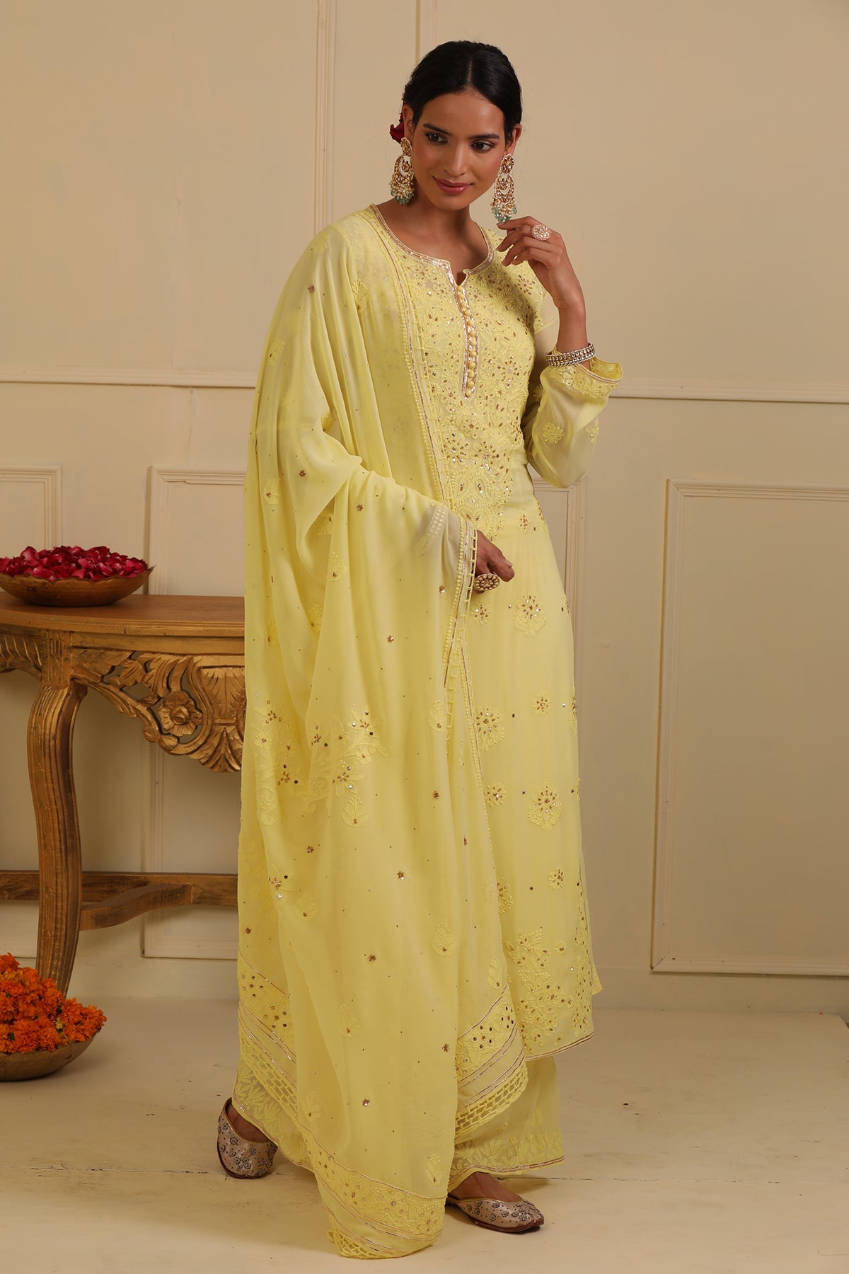 Yellow chikankari kurta set