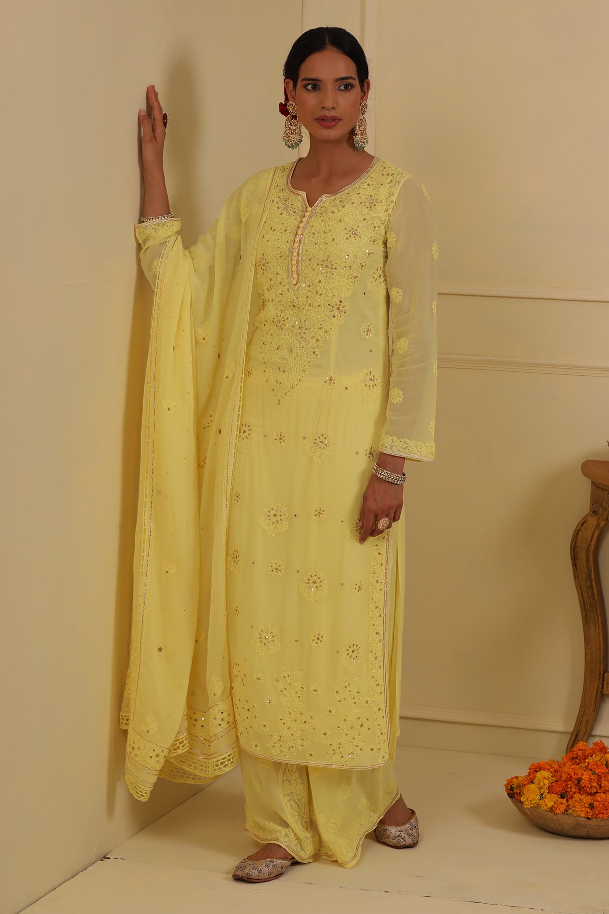 Yellow chikankari kurta set