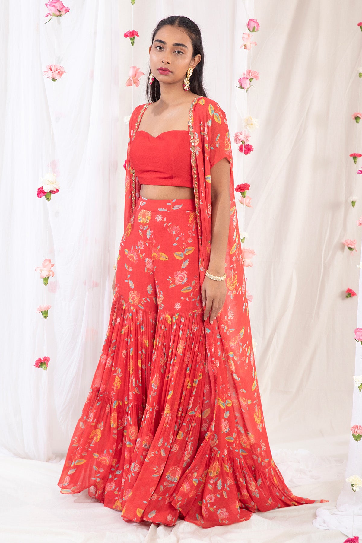 Electric Red Printed Cape Set