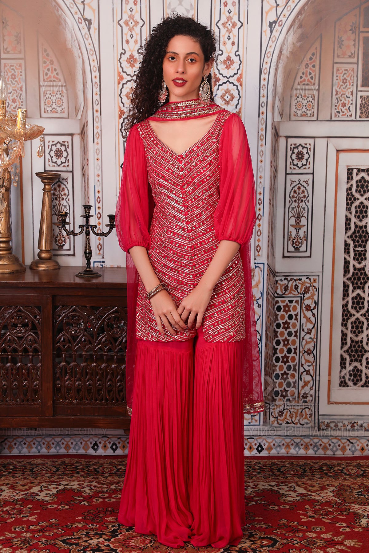 Rust Chinon Readymade Sharara Set With Chinon Dupatta