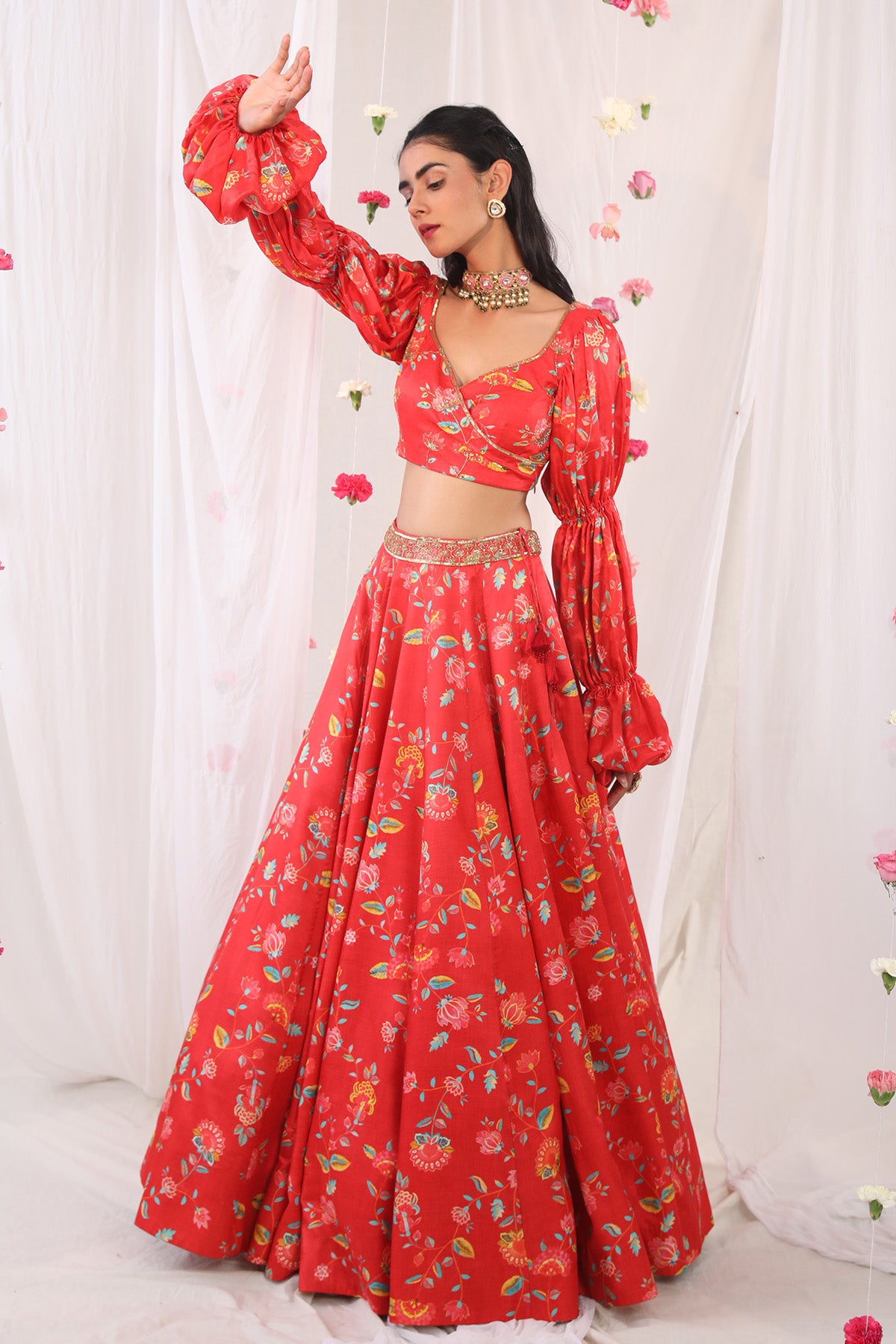 Red printed lehenga set