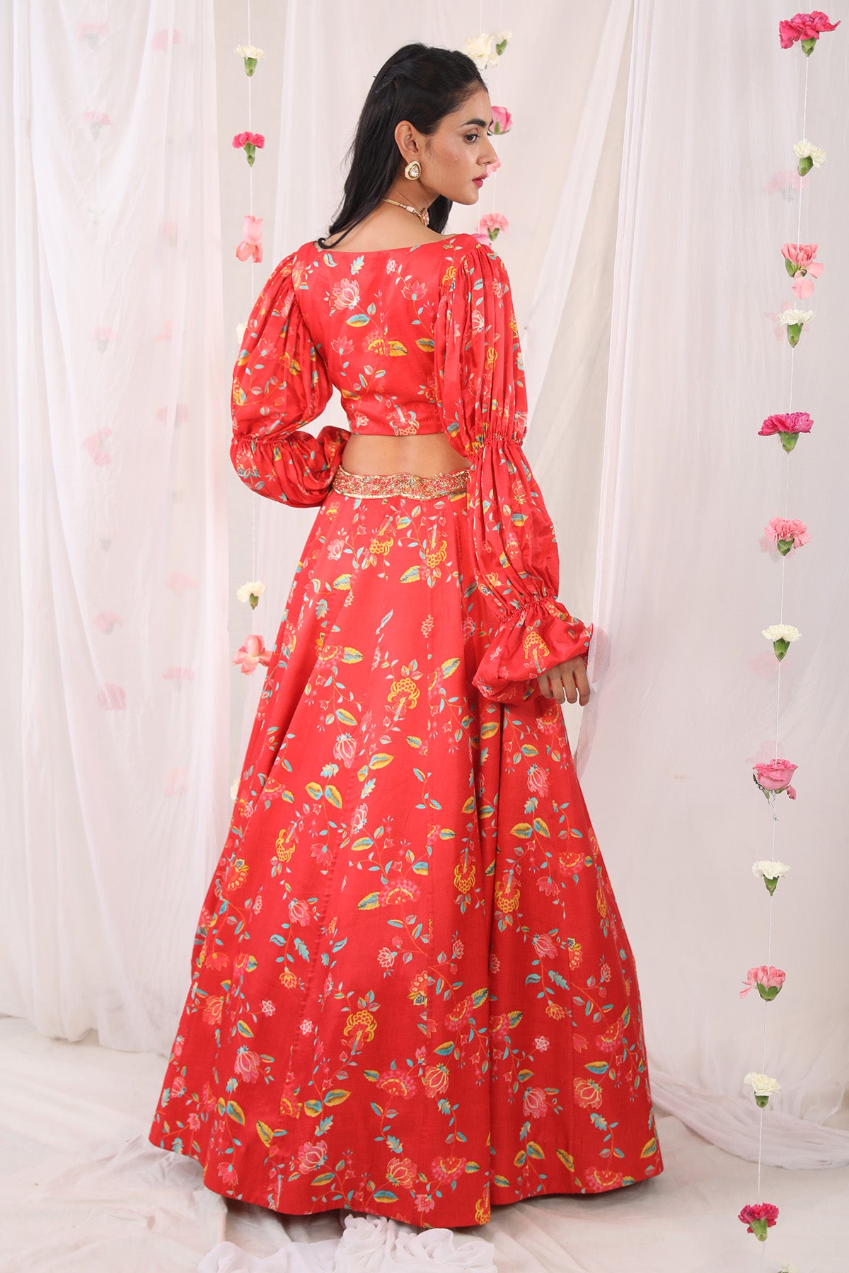 Red printed lehenga set