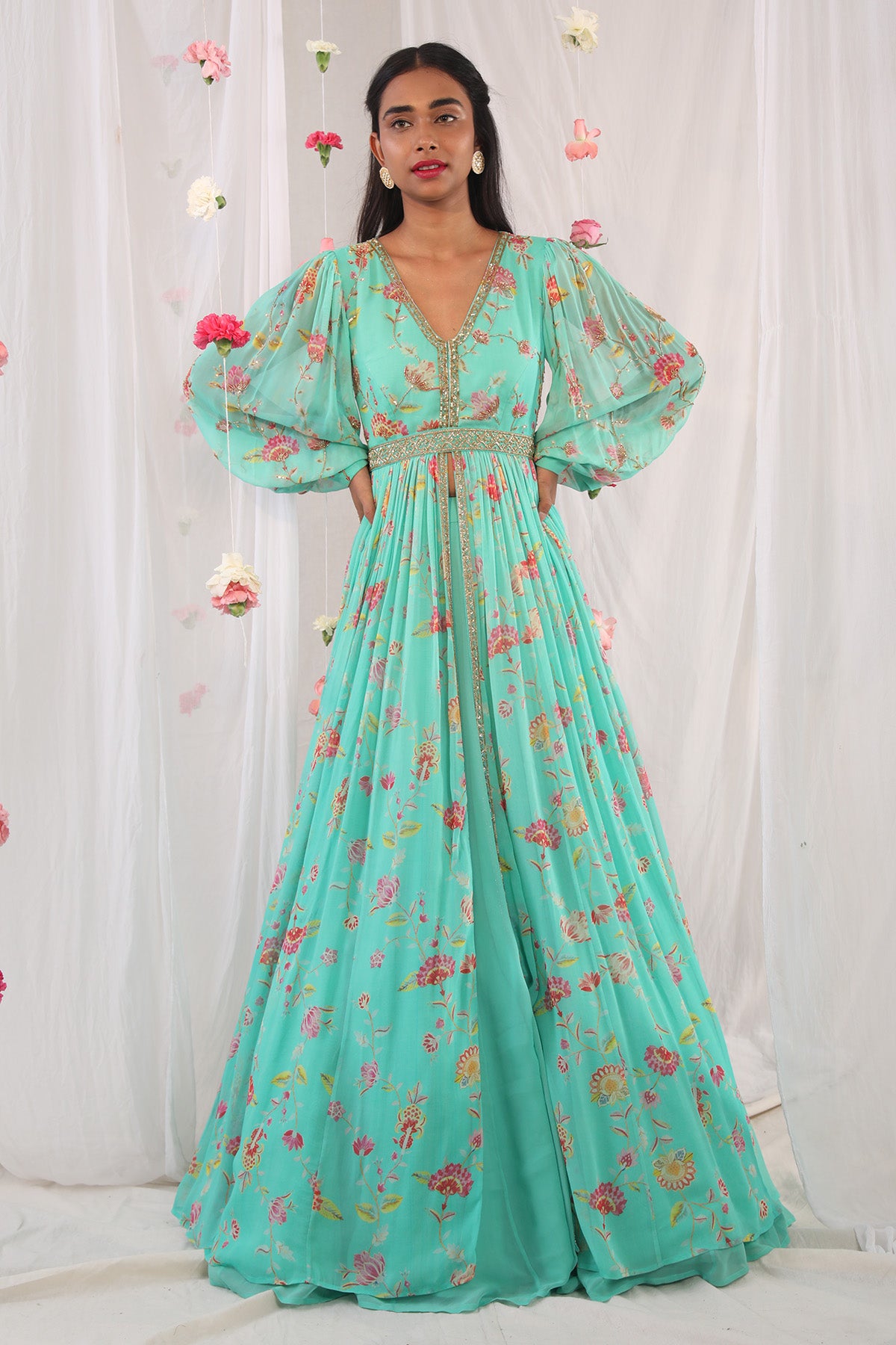 Sea green jacket anarkali set