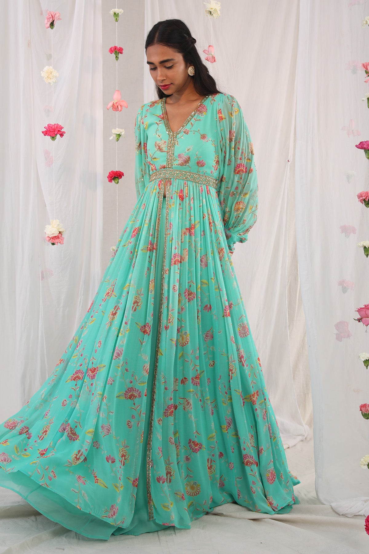 Sea green jacket anarkali set