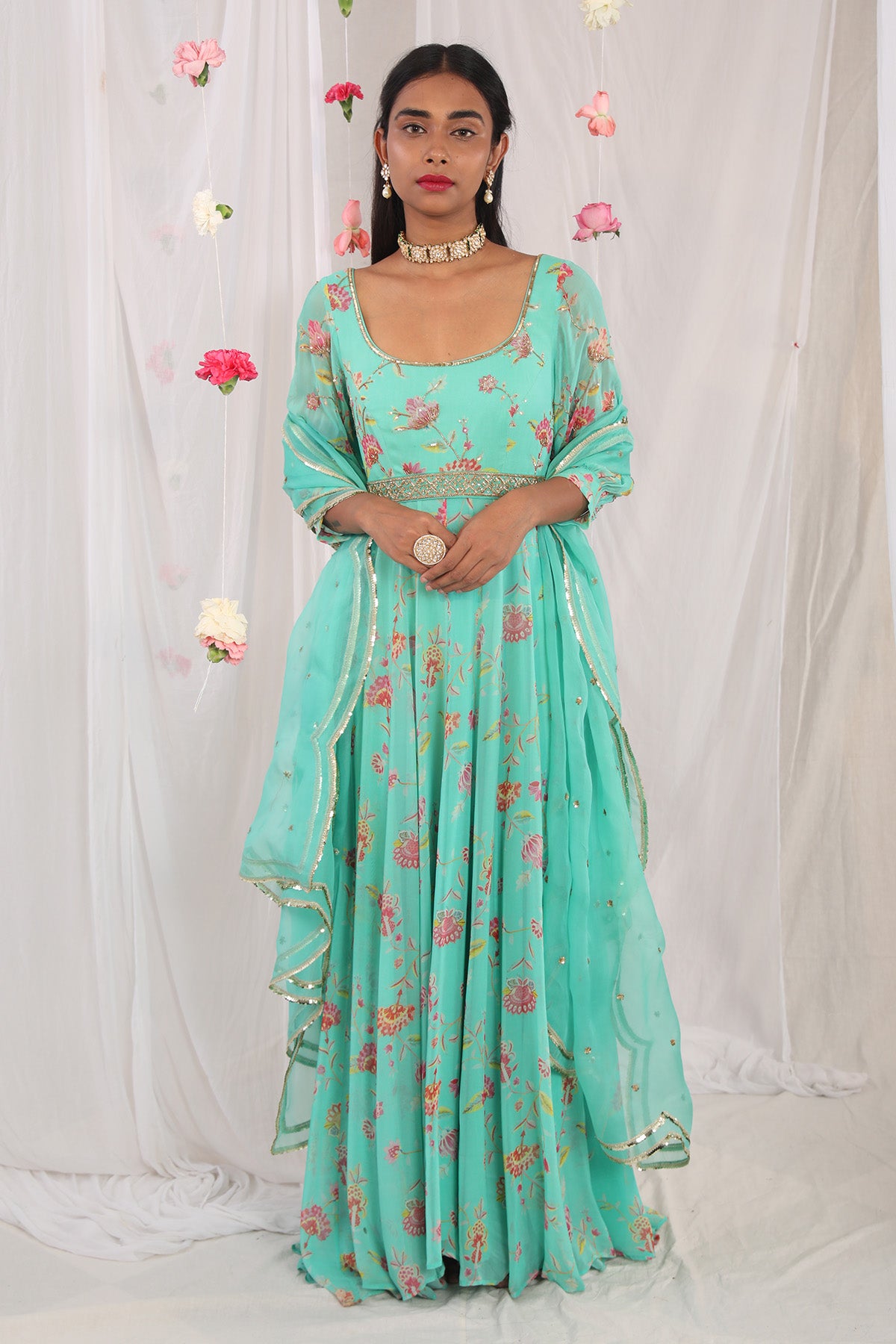 Sea green jacket anarkali set