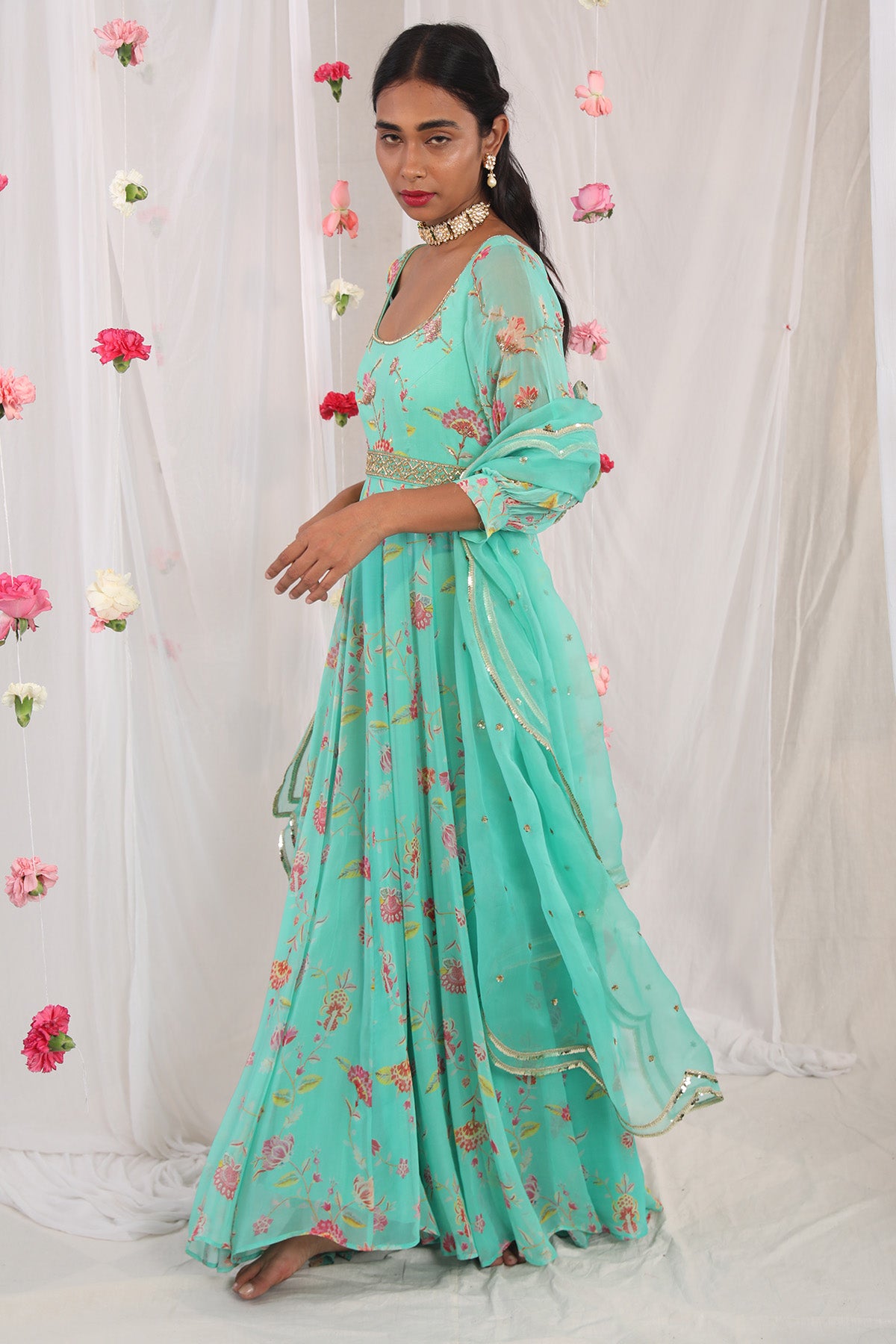 Sea green jacket anarkali set