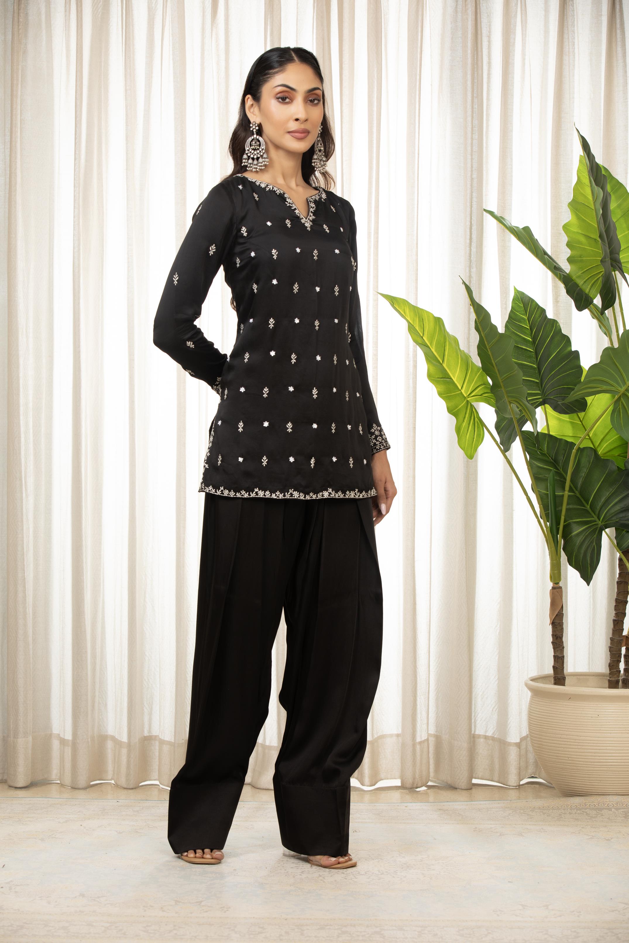 White On Black Kurta Set
