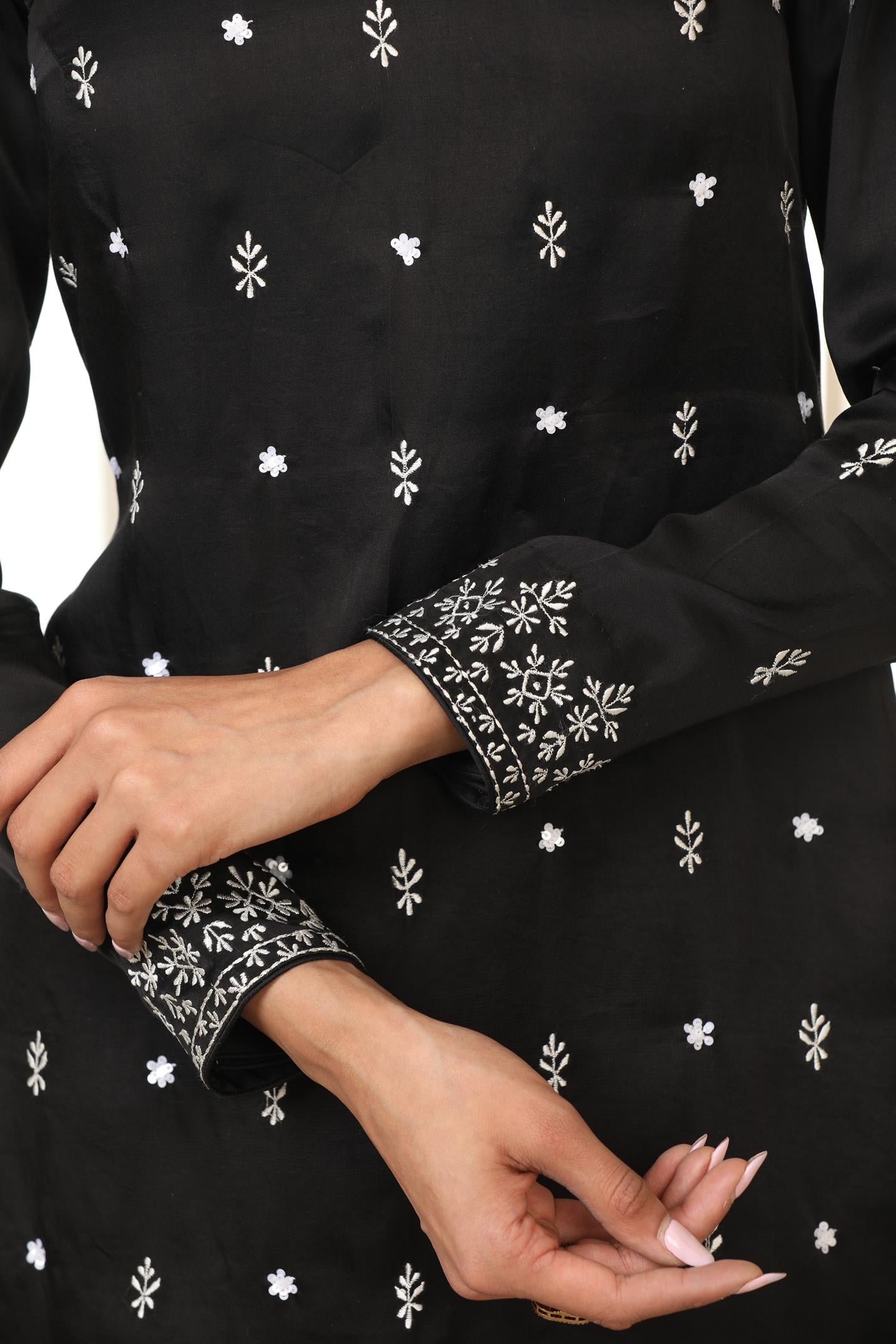 White On Black Kurta Set