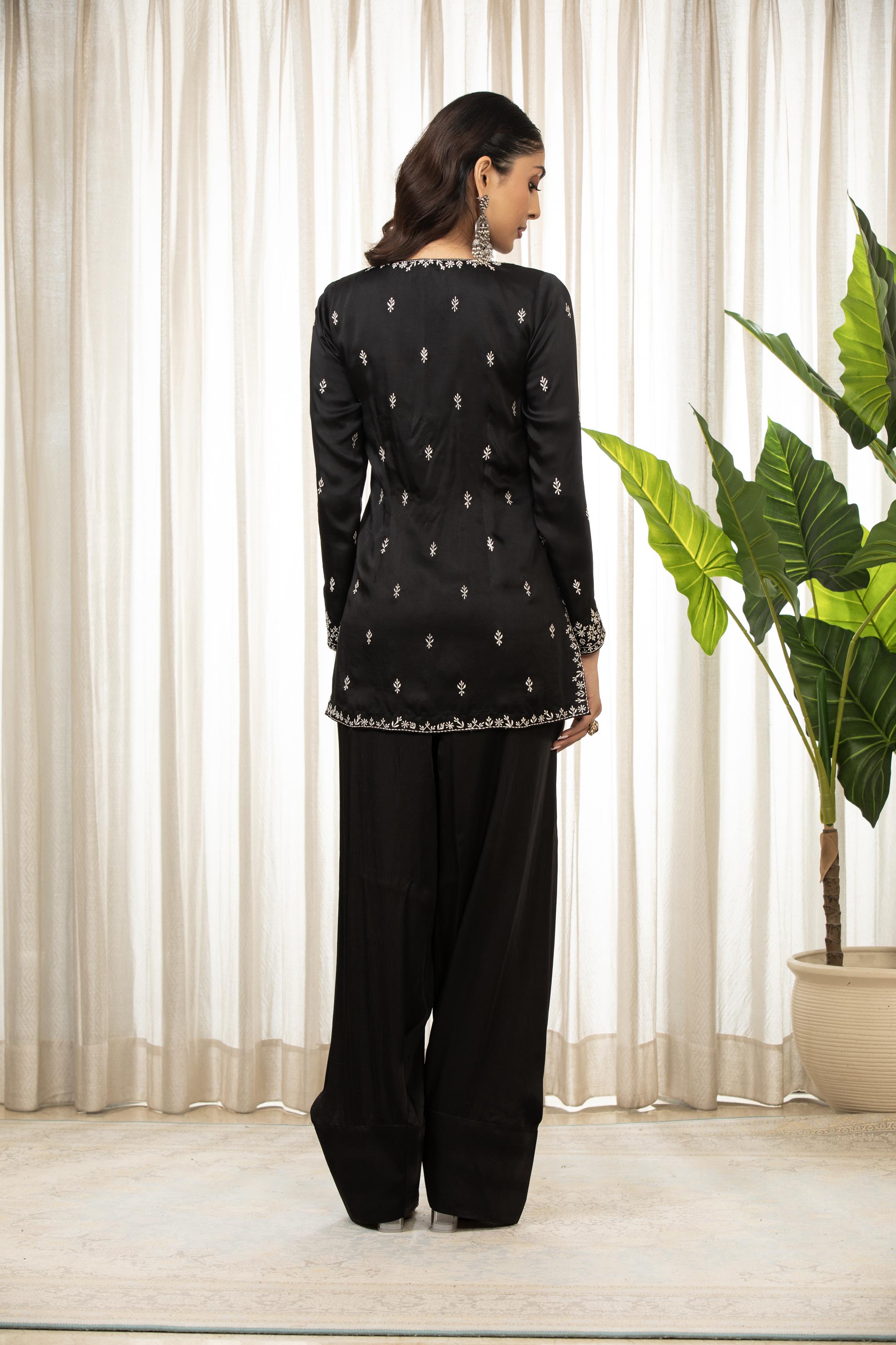 White On Black Kurta Set