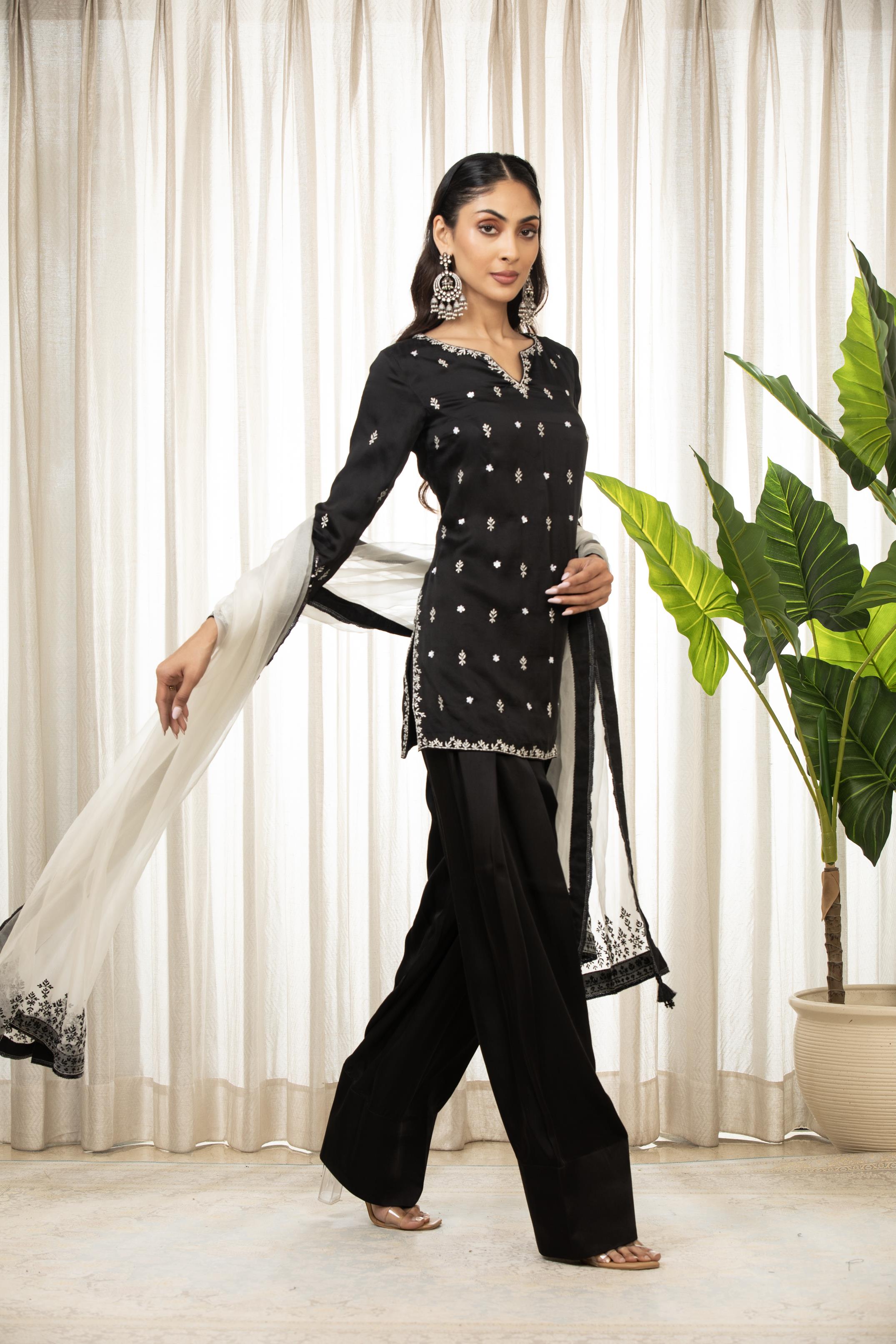 White On Black Kurta Set
