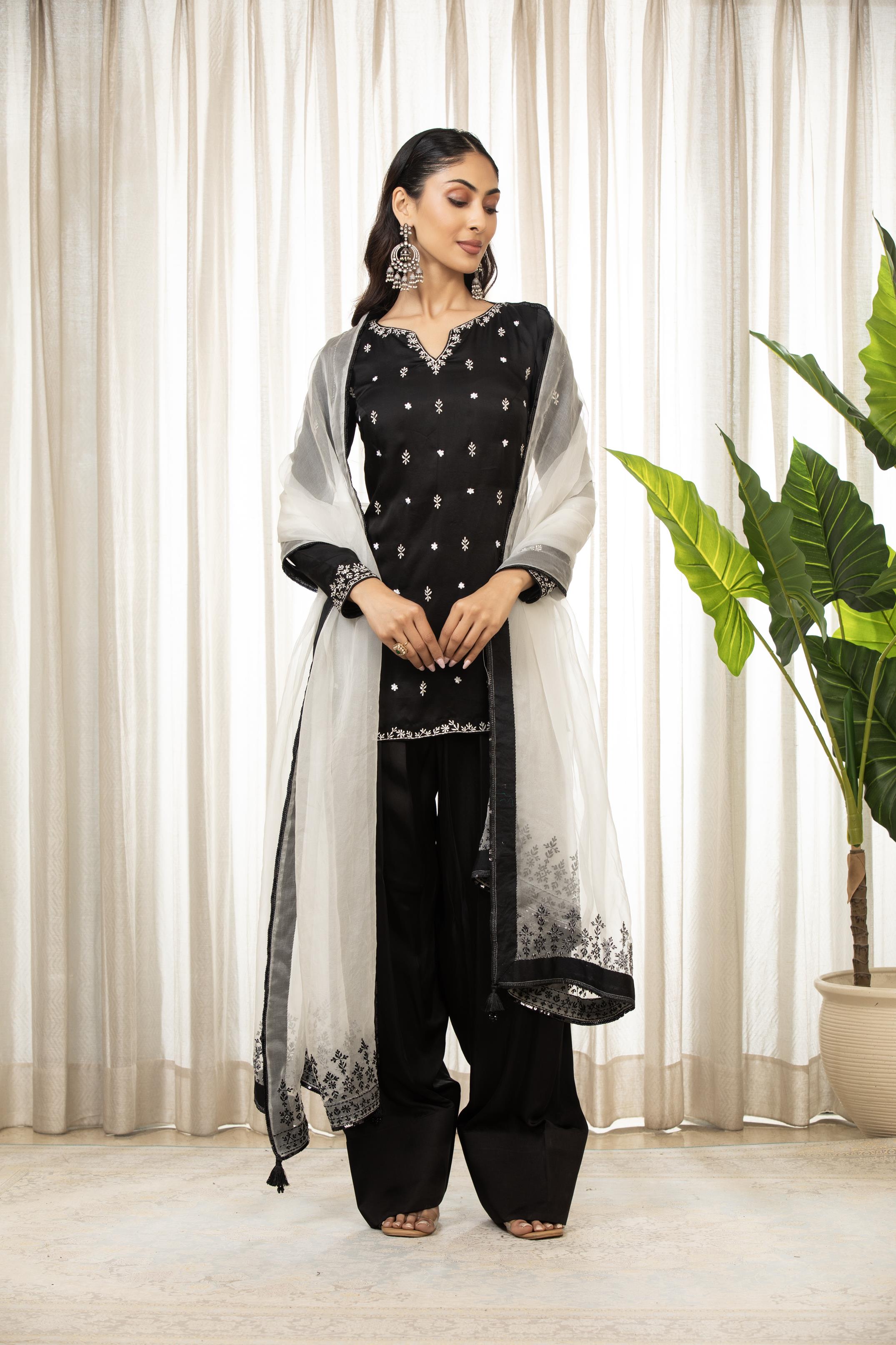 White On Black Kurta Set