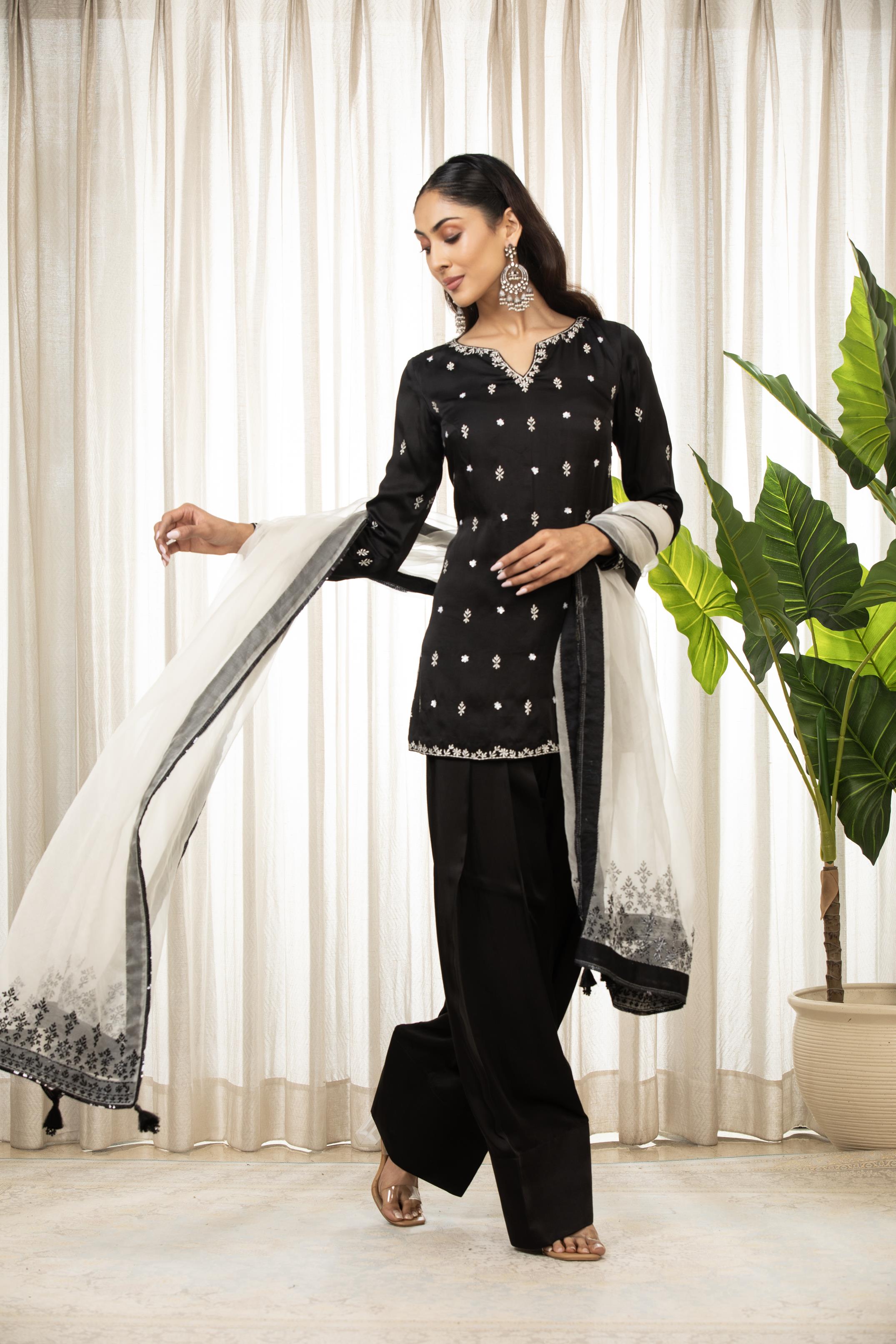 White On Black Kurta Set