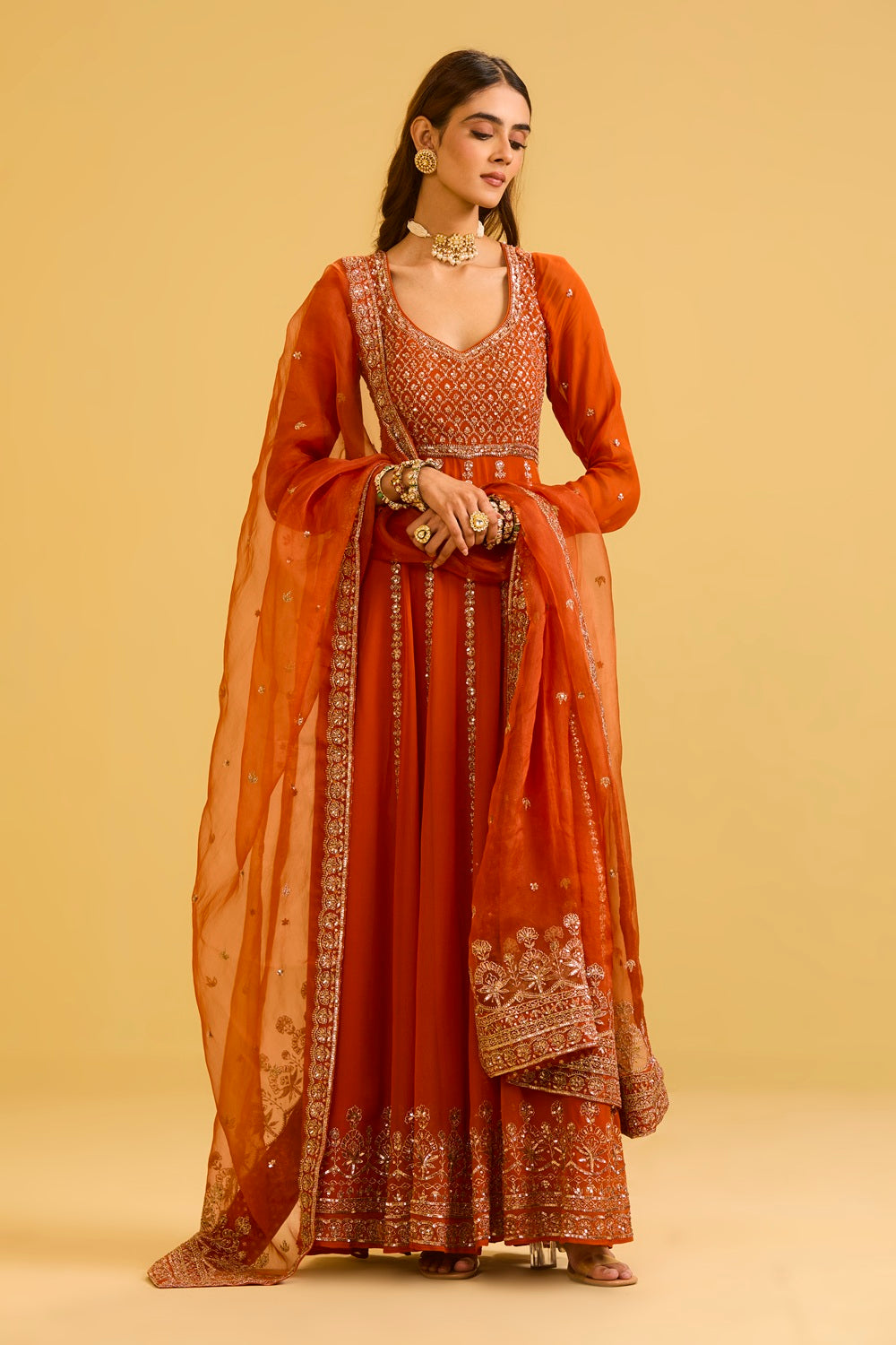Rust Anarkali Set