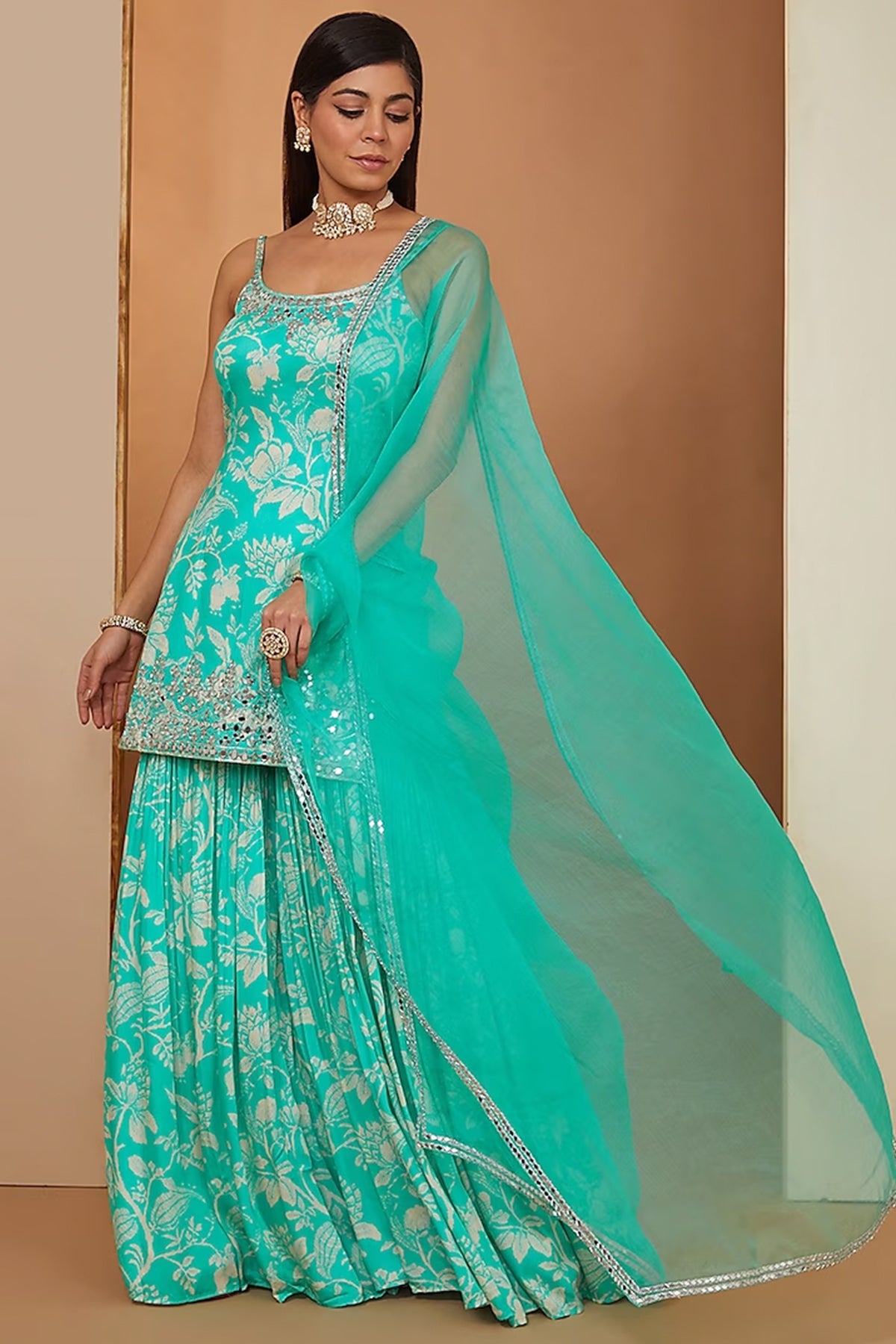 Firozi printed mirror sharara set