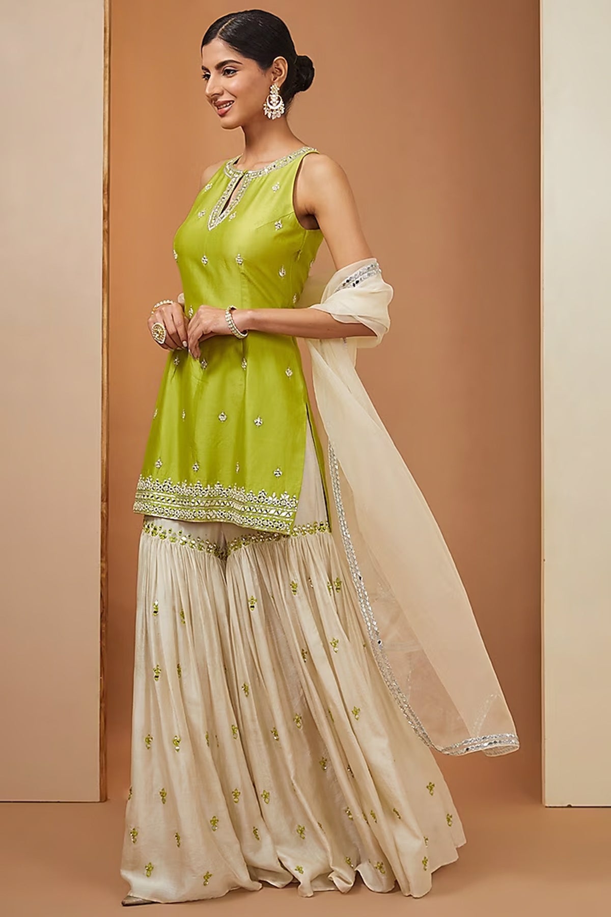 mehendi green kurta and off white sharara