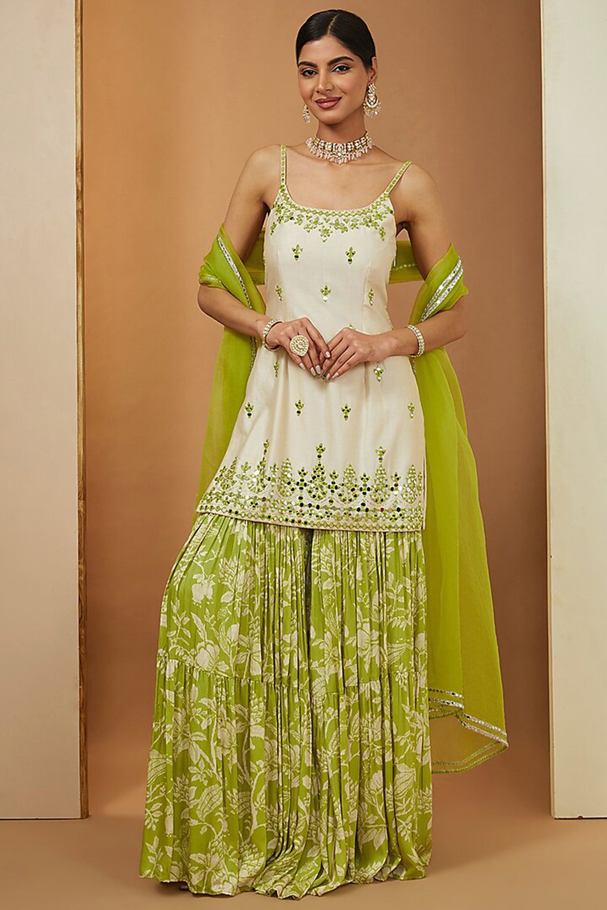 off white kurta and mehendi green sharara