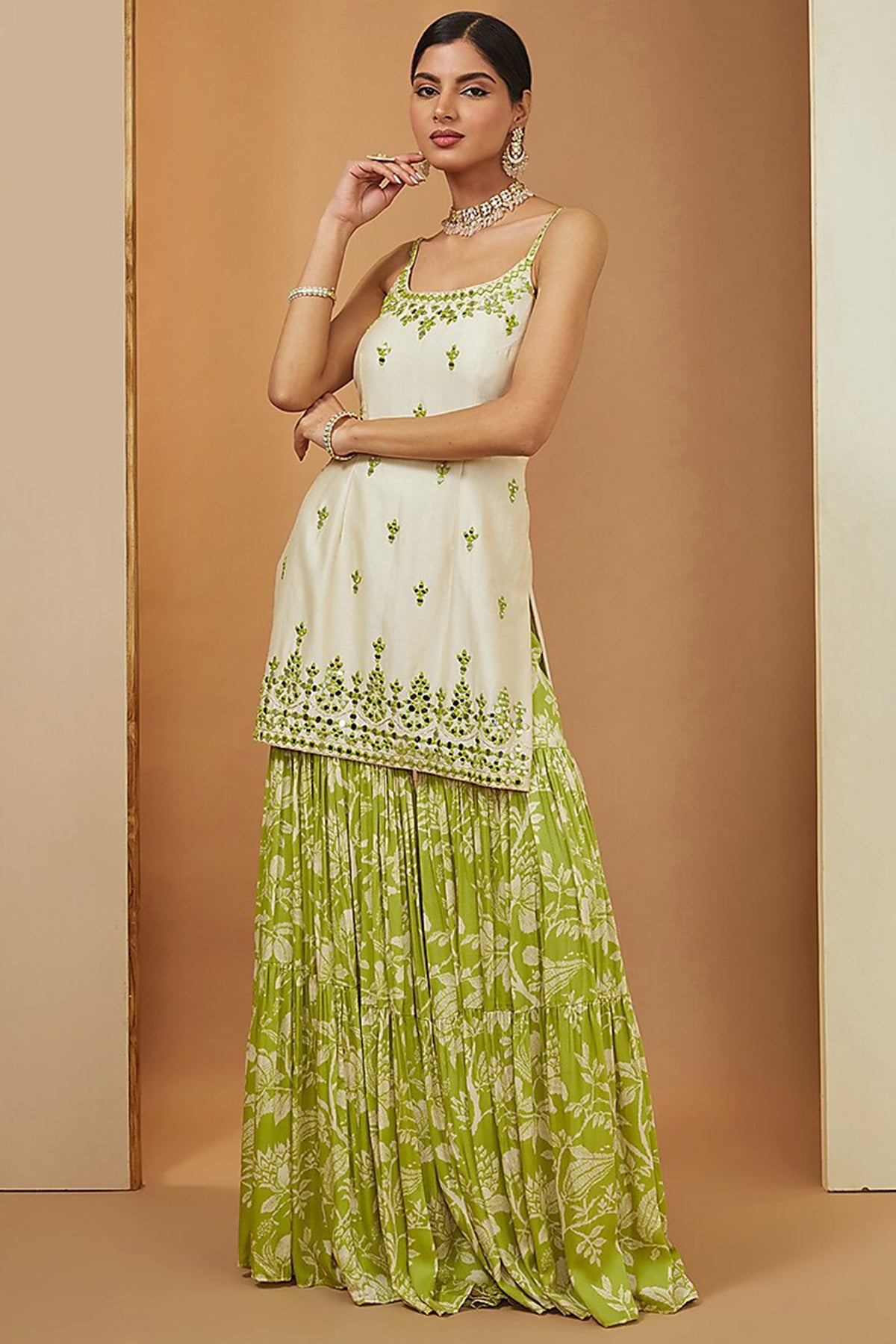 off white kurta and mehendi green sharara