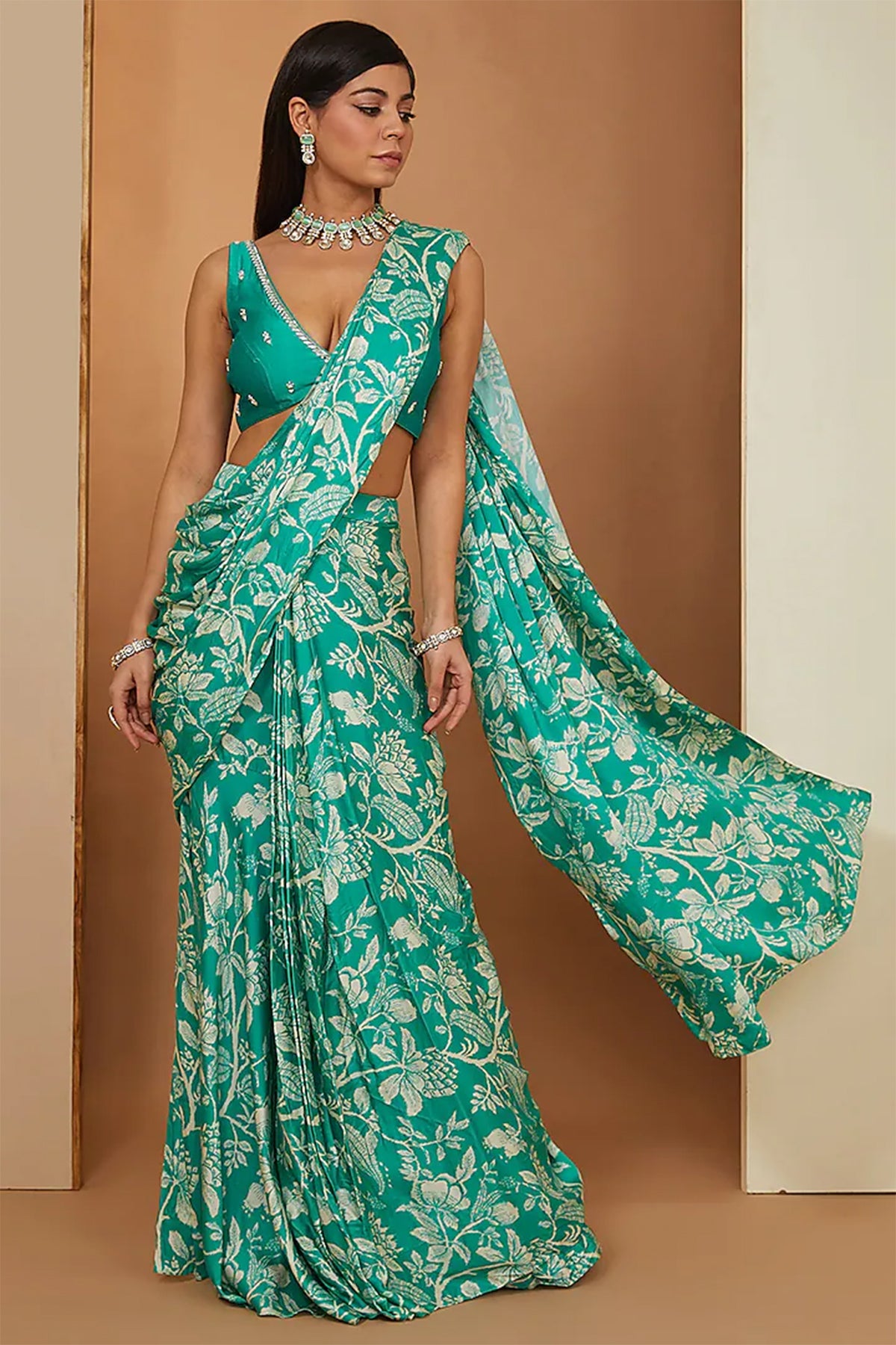 teal printed draped saree