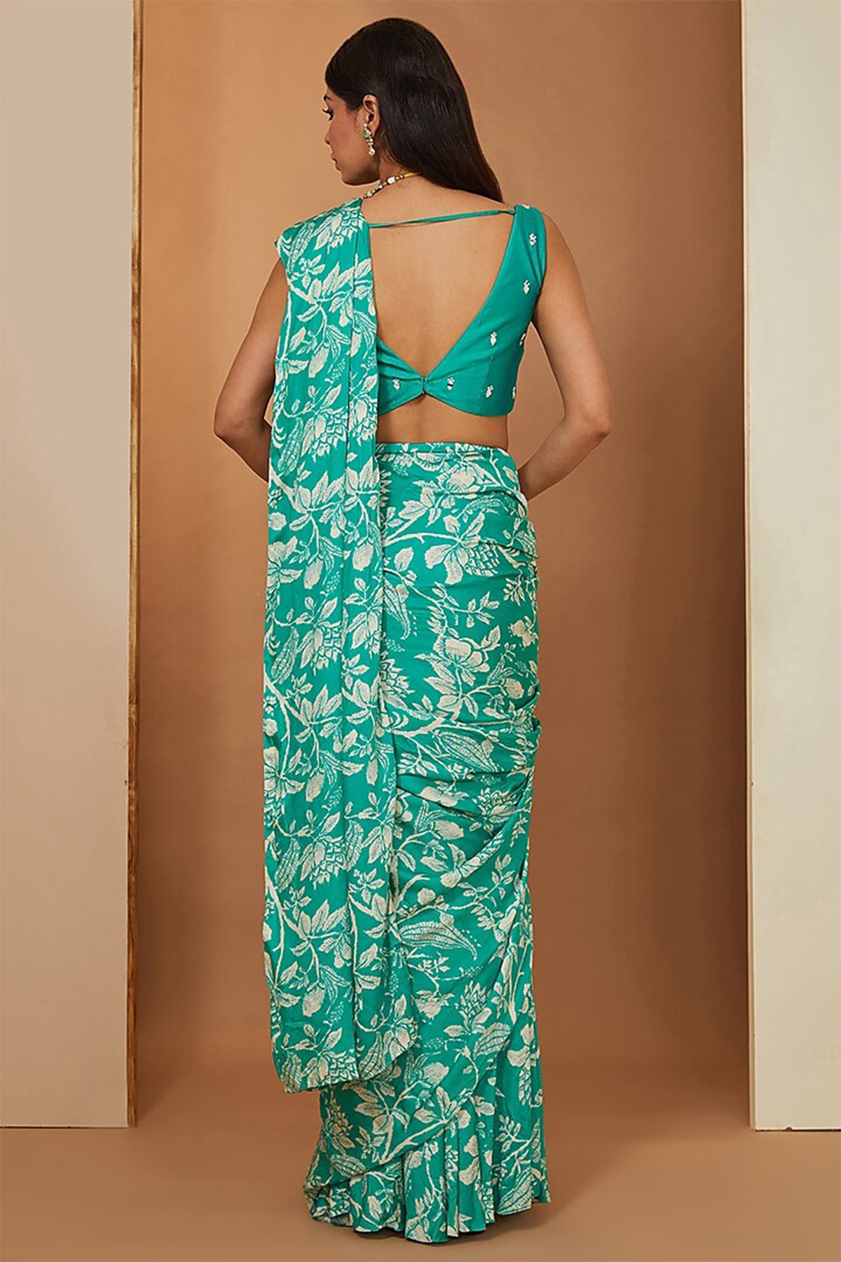 teal printed draped saree